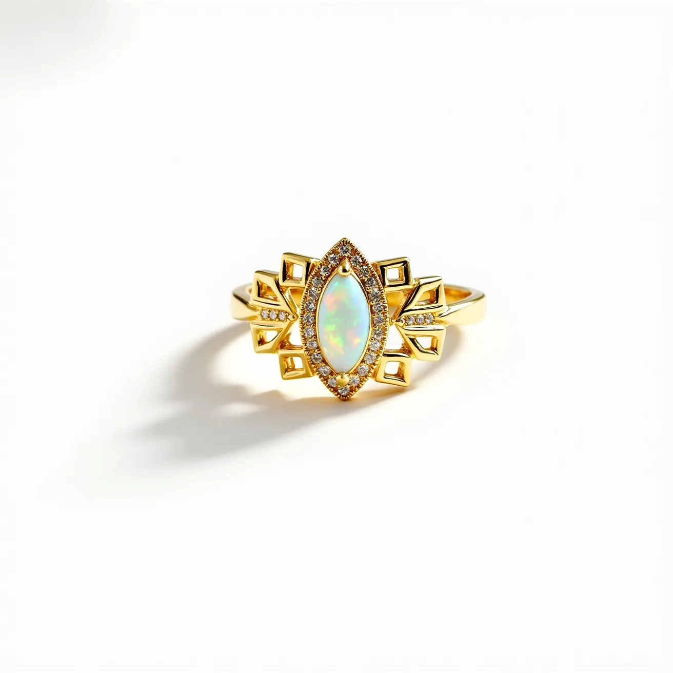 This cocktail ring features a striking design with a central marquise-cut opal, displaying a mesmerizing play of colors. The opal is elegantly encircled by a halo of small, sparkling diamonds in a pavé setting, enhancing its brilliance. The ring is crafted from gleaming gold with geometric embellishments on either side of the center stone, which are inset with additional small diamonds that add extra sparkle and sophistication to the design. The band is smooth and polished, ensuring a comfortable fit.