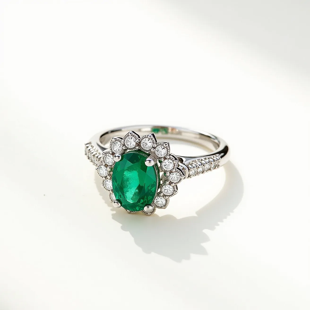 This cocktail ring features a striking oval-cut green gemstone, likely an emerald, set prominently at its center. Surrounding this central stone is a halo of brilliant round-cut diamonds, each set in a prong setting that enhances their sparkle and adds to the ring's luxurious appearance. The band of the ring is encrusted with additional small diamonds, further accentuating the elegant design. The entire piece appears to be crafted from a shiny white metal, possibly white gold or platinum, which complements the vivid hue of the central stone and the dazzling brilliance of the diamonds.