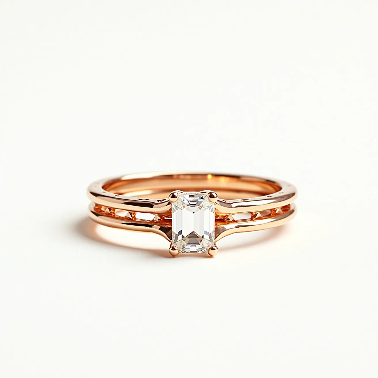 These couple rings are crafted from a warm rose gold material, which gives them a luxurious and elegant appearance. The main feature of the rings is a central emerald-cut gemstone, set in a classic prong setting that allows maximum light to pass through, enhancing its brilliance. The bands are designed with a slim and modern aesthetic, incorporating openwork elements that add a contemporary touch to the overall design. The combination of the emerald-cut stone and rose gold bands creates a harmonious blend of classic and modern styles, making these rings a timeless choice for couples.