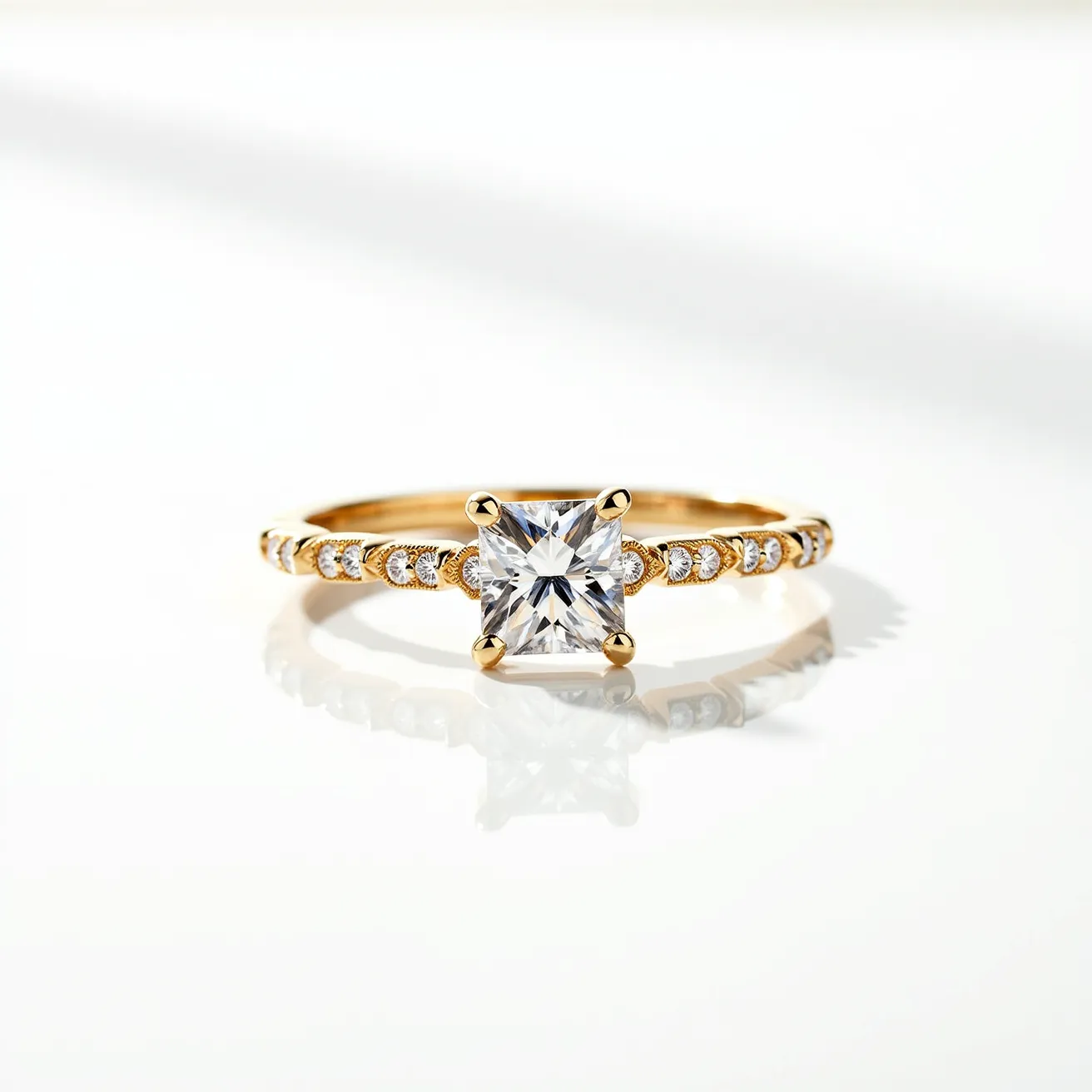 This couple ring features an elegant design crafted from a polished gold band. It is adorned with a prominent square-cut gemstone, likely a diamond, set in a secure four-prong setting. The band is intricately detailed with small round-cut gemstones, also possibly diamonds, accentuating its luxurious appearance. The overall design combines a classic solitaire style with delicate embellishments, offering a refined and sophisticated look.