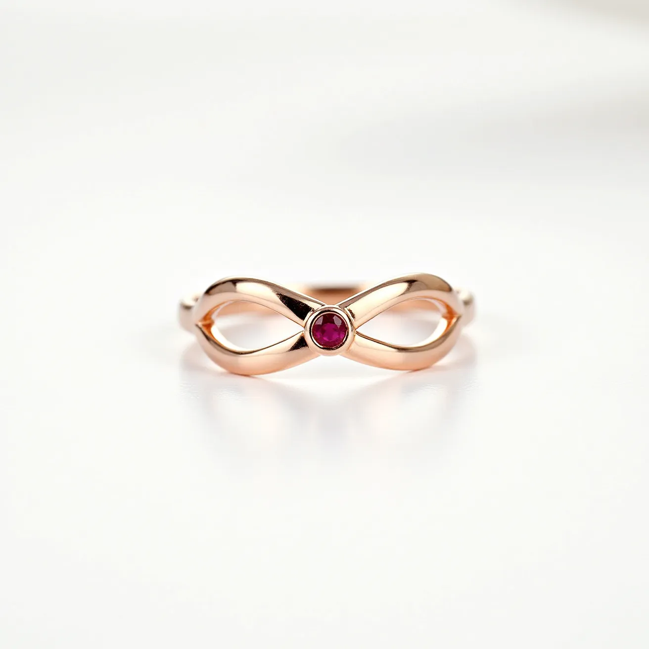 This couple ring features a polished rose gold band crafted into an elegant infinity symbol, symbolizing eternity and everlasting love. At the center of the infinity design is a round-cut ruby, securely set in a bezel setting that accentuates its vibrant red hue. The simple yet sophisticated design blends modern aesthetics with a timeless motif, making it a perfect emblem of commitment and connection.