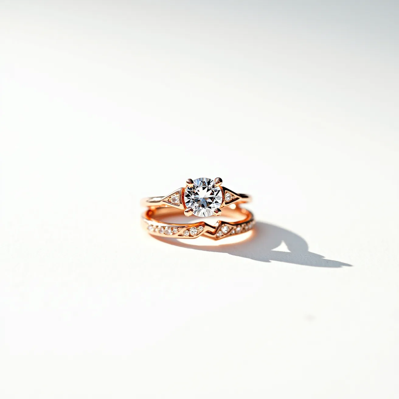 These couple rings are crafted from rose gold, exuding a warm, elegant hue. The focal point of the top ring is a prominent round-cut diamond, securely held by a four-prong setting. Flanking the central stone are triangular settings, each featuring smaller, pavé-set diamonds that enhance the ring's sparkle. The accompanying band features a series of small round diamonds, also set in a pavé style, following the curvature of the band and complementing the main ring perfectly. Both rings demonstrate a harmonious blend of modern design and classic elegance, seamlessly intertwined for a timeless aesthetic.