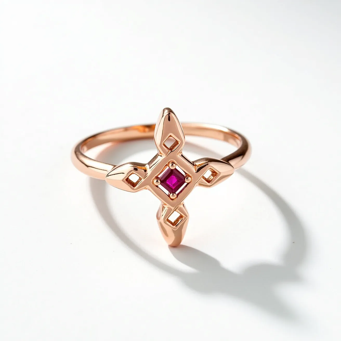 This cross ring features a rose gold band and a distinctive cross-shaped design at the center. At the heart of the cross is a square-cut ruby, securely set into the metal with a bezel setting that accentuates its vibrant red hue. The cross design itself is embellished with pointed tips and open spaces that give the piece a modern and intricate appearance. The warm tone of the rose gold complements the deep color of the ruby, creating an elegant and cohesive look. There is no visible clasp or additional attachment, suggesting a straightforward, slip-on ring style.