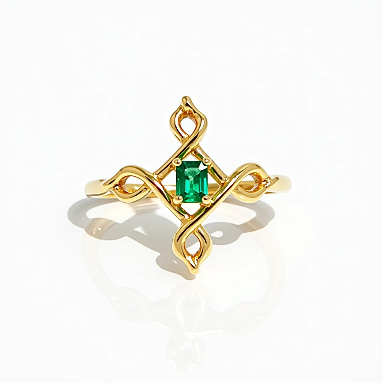 This cross ring features a beautifully intricate design crafted from gold, evident in its lustrous and polished appearance. At the center of the ring is a striking green stone, likely an emerald, cut in a rectangular or square shape and set with four prongs to ensure security and prominence. The elegant twists of the gold form a cross shape that surrounds the centrally placed gemstone, adding complexity and refinement to the piece. The band smoothly transitions into this distinctively styled cross, showcasing skilled craftsmanship and artistic design.