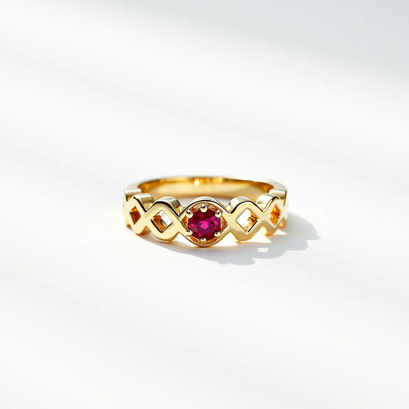 This crown ring features a gold band with an intricate interwoven design, creating a regal and elegant appearance. The focal point is a centrally set round ruby, exuding a rich red hue, securely held in a bezel setting that accentuates its brilliance. The distinct design elements and stone arrangement lend a sophisticated charm, perfect for a statement piece. The ring does not appear to include any clasps or attachments, contributing to its seamless and harmonious structure.