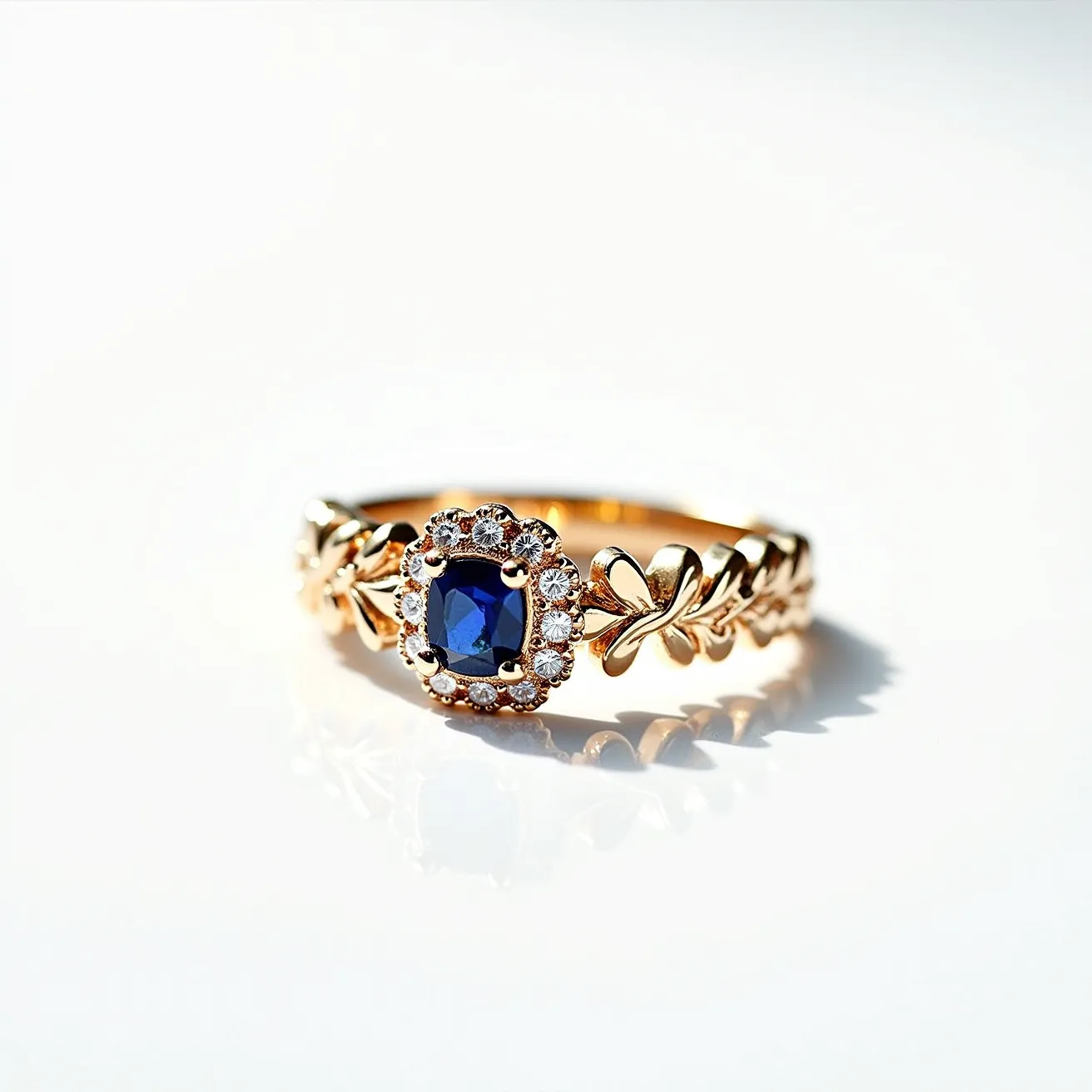 This crown ring features a band crafted from gold with an intricate leafy design, adding elegance and detail to its structure. At the center, a sizeable blue gemstone, likely a sapphire, is prominently displayed. The sapphire is cushion-cut, offering a classic and timeless appeal. Surrounding the central stone is a halo of smaller round-cut diamonds, each set in prongs, enhancing the ring's sparkle and sophistication. The ring does not appear to have any additional clasp or attachment, indicating it is fashioned in a traditional circular, seamless design.