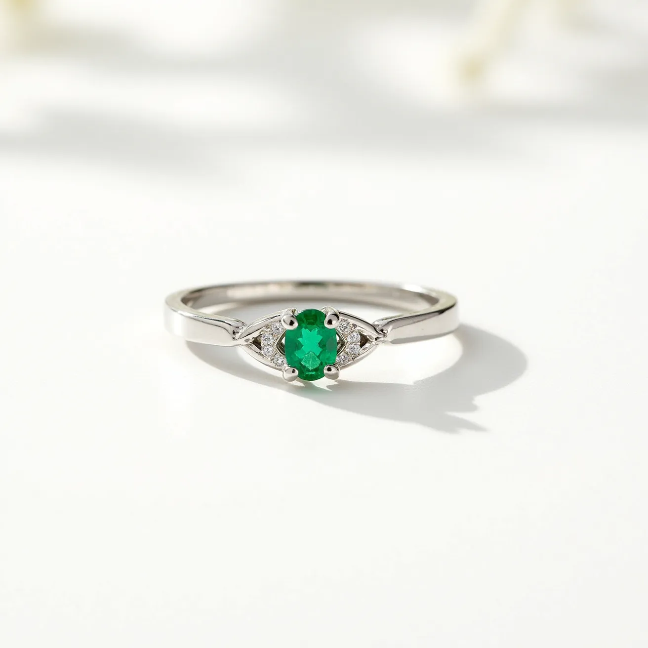 This custom ring features a delicate design with a central oval-cut green gemstone, likely an emerald, securely held in place with a classic four-prong setting. Flanking either side of the central stone are small round brilliant-cut diamonds, adding a touch of sparkle and elegance to the overall structure. The band appears to be made of polished white gold or platinum, enhancing the brilliance of the stones and providing a sleek, modern appearance. The combination of the vibrant green center stone with the sparkling side diamonds creates a striking contrast, making this piece both unique and visually appealing.