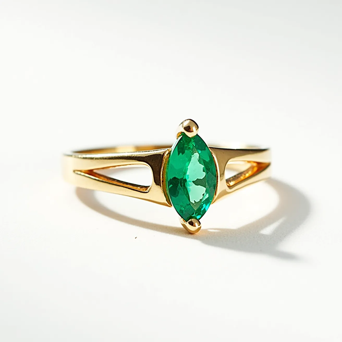 This custom ring features a marquise-cut green gemstone, likely emerald, securely set in a prong setting that highlights the stone's elongated shape. The band is crafted from gold, elegantly split on either side of the stone to create an open design that adds a unique flair to the piece. The overall design balances simplicity with elegance, allowing the vibrant color and shine of the gemstone to be the focal point.