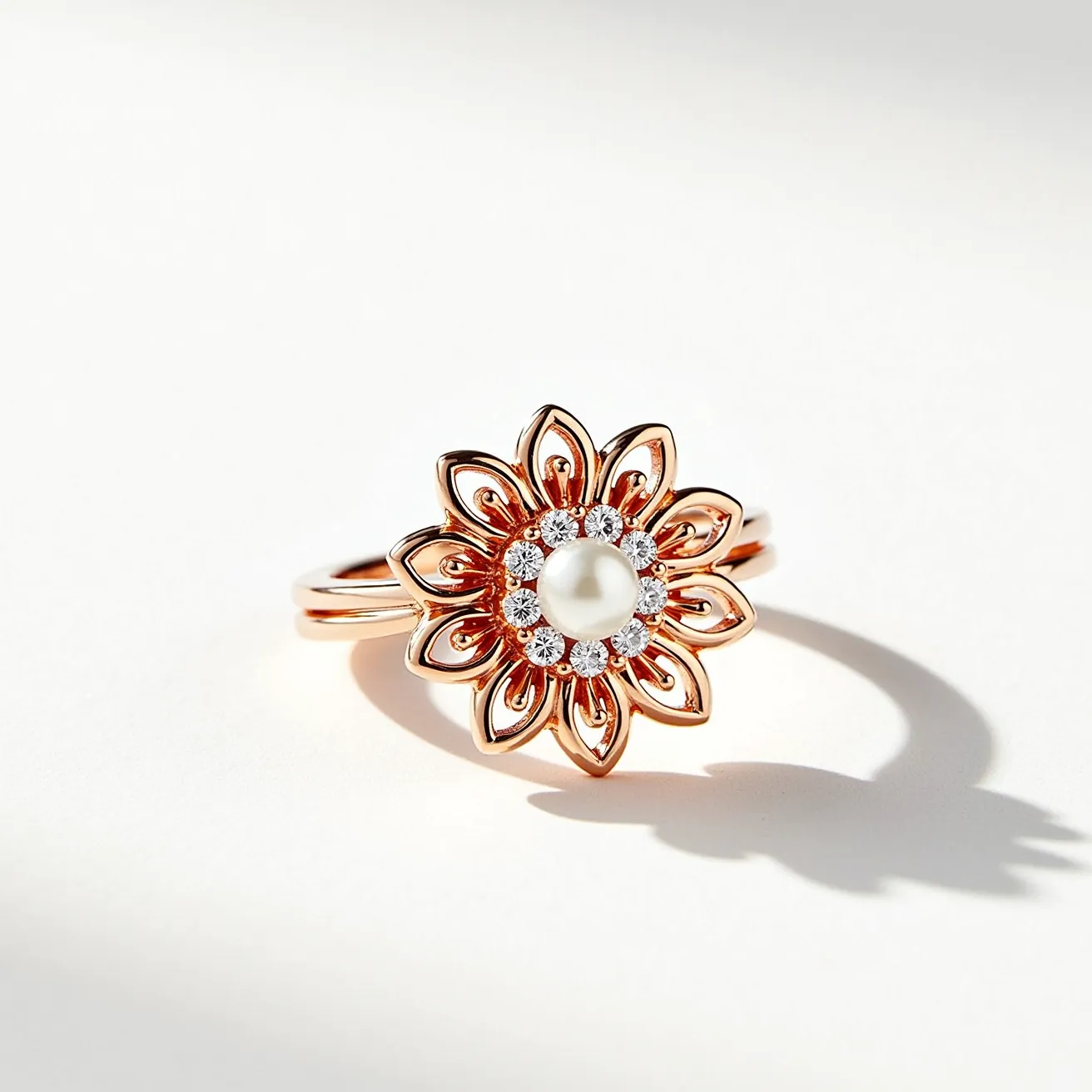 This daisy ring showcases a rose gold band, beautifully designed with a floral motif. At the center of the flower is a lustrous pearl, surrounded by a halo of sparkling round-cut diamonds. These diamonds are intricately set in prongs, accentuating the central pearl while adding brilliance to the overall design. The petals of the daisy are elegantly crafted, highlighting the contrast between the gemstones and the metalwork, creating a harmonious and elegant appearance. The ring's band flows smoothly, connecting the intricate design seamlessly.