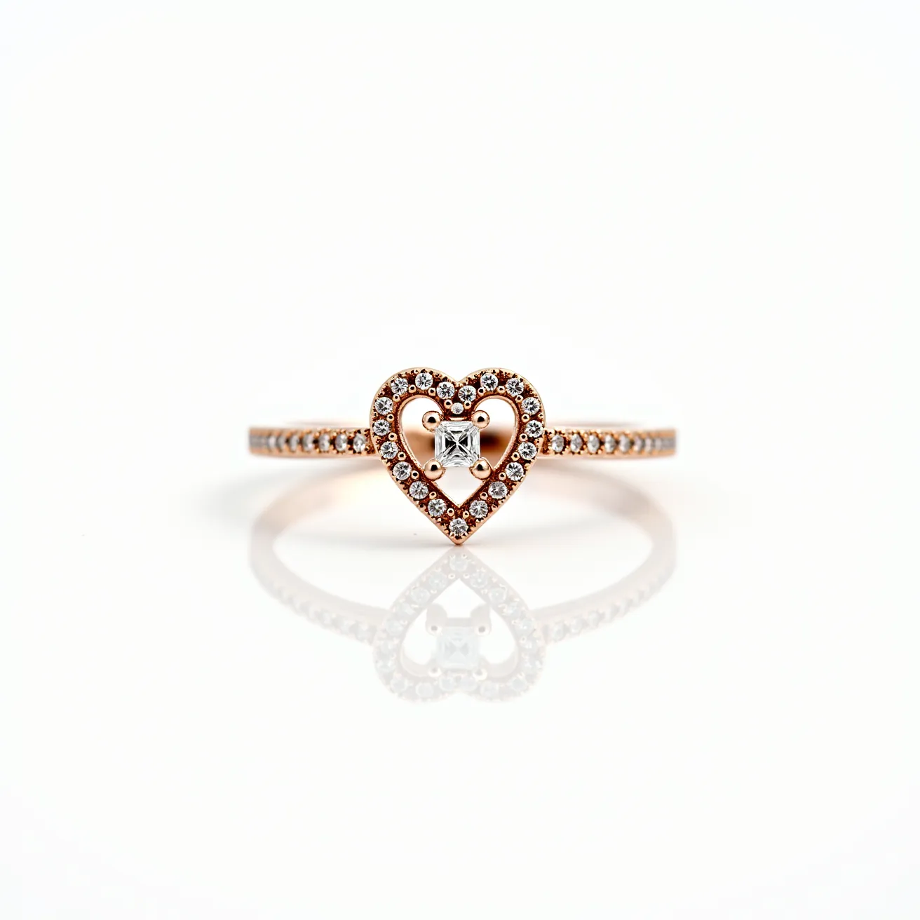 This diamond heart ring is crafted from what appears to be rose gold, featuring a heart-shaped setting encrusted with small round-cut diamonds that form a radiant outline. At the center of the heart is a square-cut diamond, secured by delicate prongs, adding a distinctive focal point. The band is elegantly thin and continues the theme with additional round-cut diamonds set closely together, enhancing the overall sparkle. The combination of the heart motif with the diamond embellishments creates a romantic and sophisticated piece.