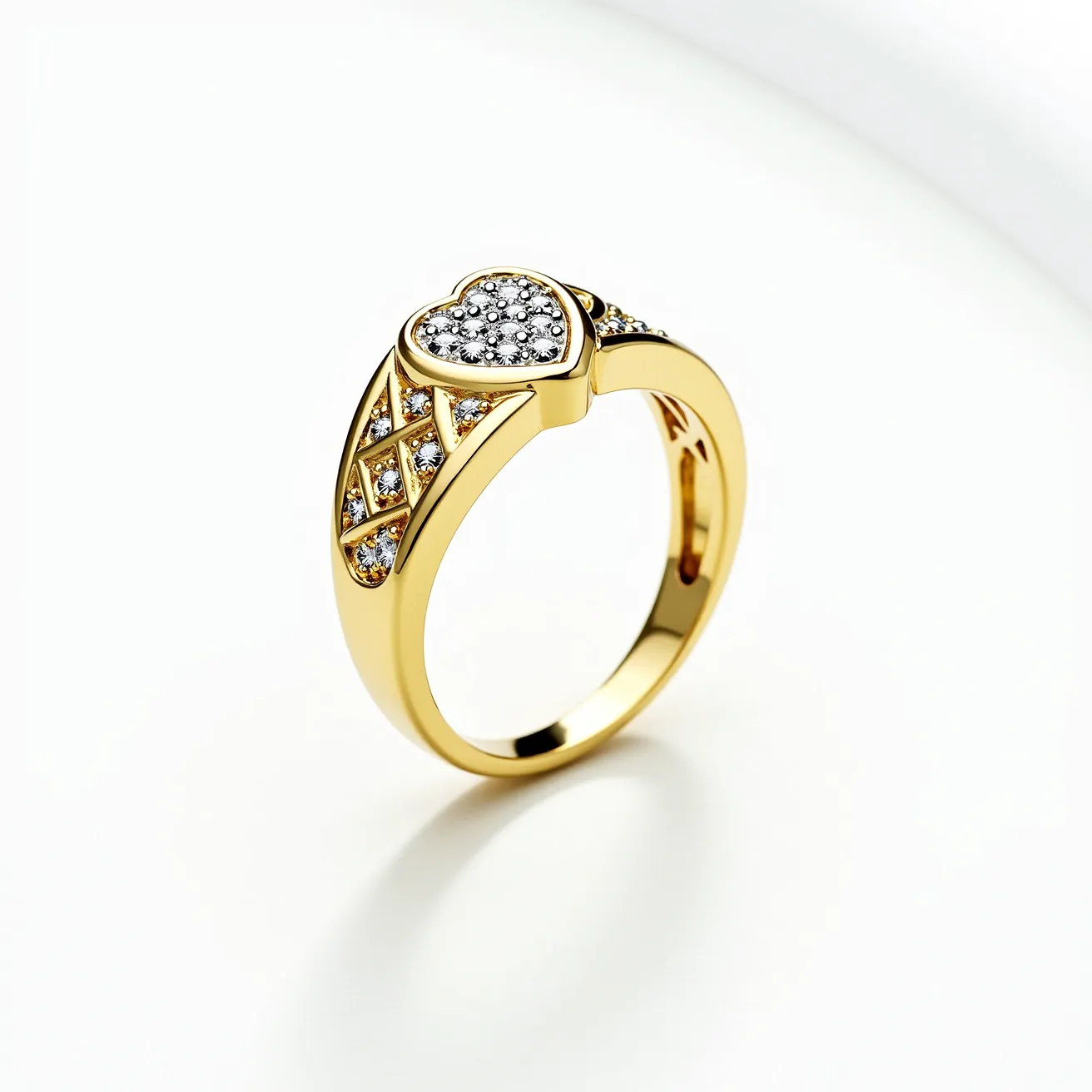 This diamond heart ring features a delicate heart-shaped setting at its center, encrusted with multiple small round-cut diamonds that create a sparkling focal point. The band is crafted from polished yellow gold, adding a warm and luxurious contrast to the brilliance of the diamonds. The design incorporates an intricate lattice pattern on the shoulders of the ring, also adorned with additional diamonds, enhancing the ring's elegance and visual interest. This exquisite combination of fine materials and meticulous craftsmanship makes the ring a charming and romantic piece of jewelry.