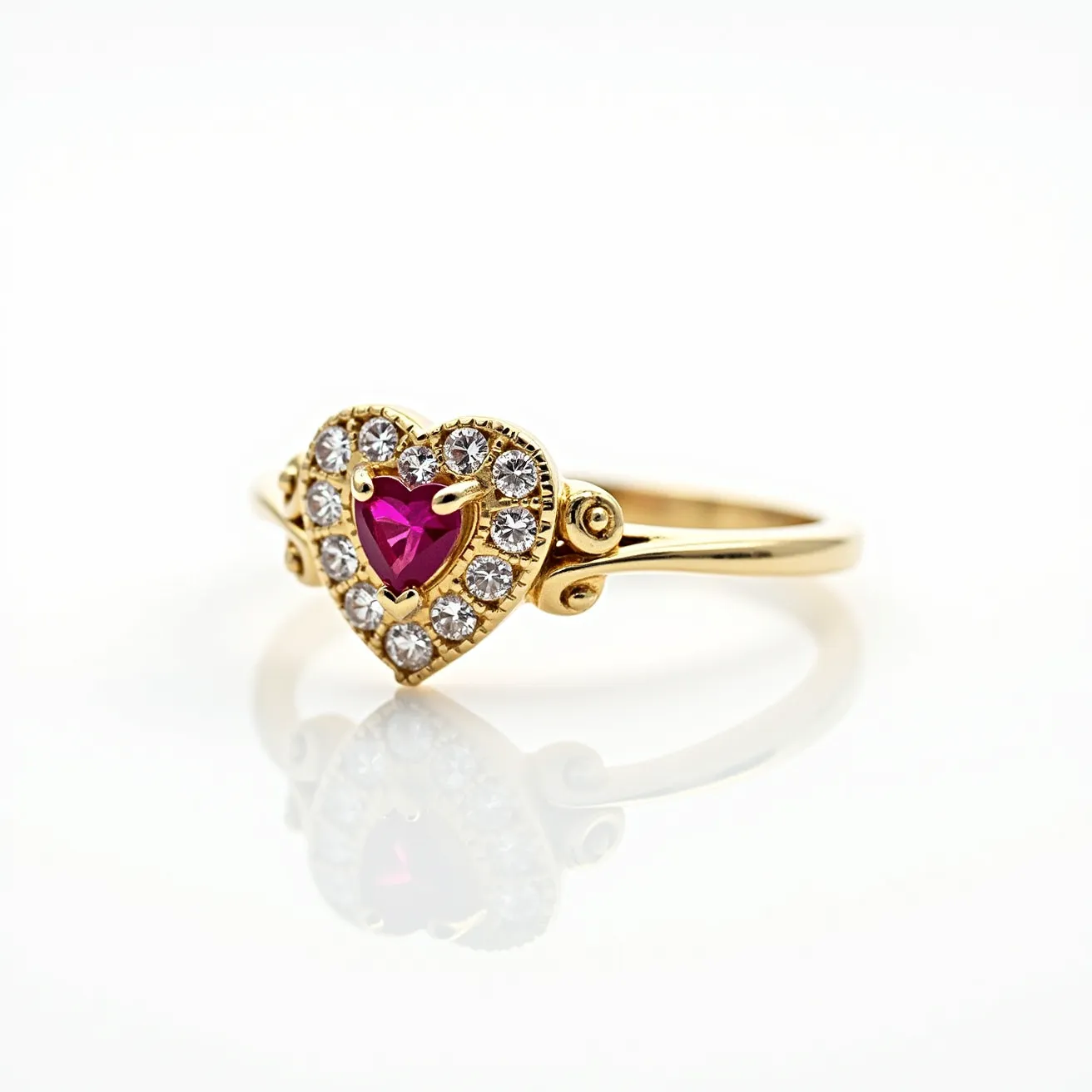 This diamond heart ring features a central heart-shaped ruby gem, elegantly set in the middle of a heart-shaped arrangement. Surrounding the ruby are multiple round-cut diamonds, adding a brilliant sparkle to the piece. The ring is crafted from yellow gold, enhancing the overall warmth and richness of the design. The setting showcases intricate scrollwork detailing on the sides, which adds a touch of elegance to the band. The combination of vibrant ruby and clear diamonds, set against the backdrop of gold, creates a strikingly beautiful piece of jewelry.