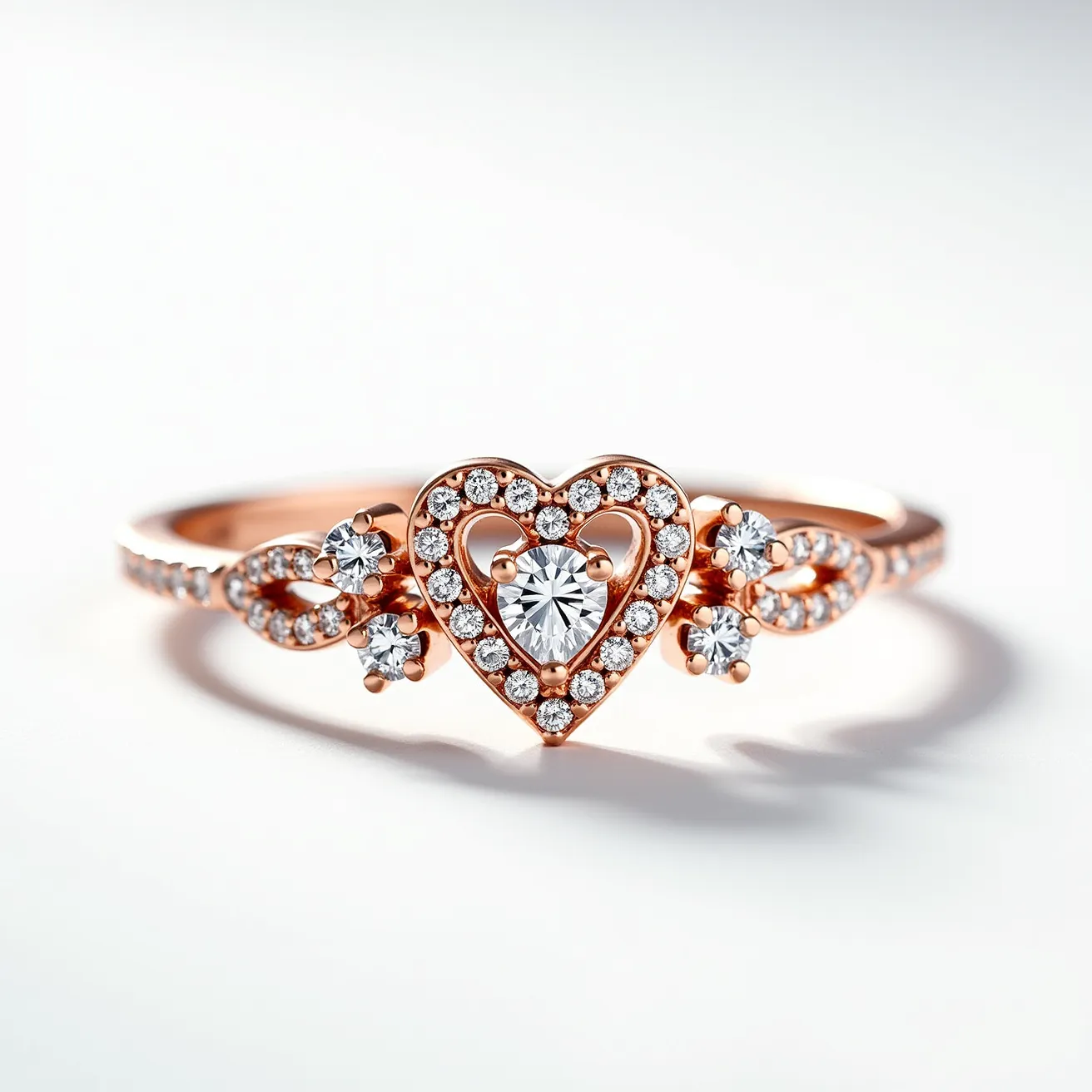 This diamond heart ring features a beautifully crafted heart-shaped setting at its center, encrusted with small round diamonds that outline the heart. The centerpiece is highlighted by a larger, brilliant-cut diamond securely set in the middle. The band, made of a warm rose gold material, elegantly supports additional small diamond accents that extend outward from the heart, adding a touch of shimmer and sophistication. The intricate design of intertwining loops on either side of the heart incorporates more diamonds, enhancing the ring's allure. The overall composition displays a harmonious blend of precious materials and expert craftsmanship, ideal for someone seeking a romantic and elegant piece of jewelry.