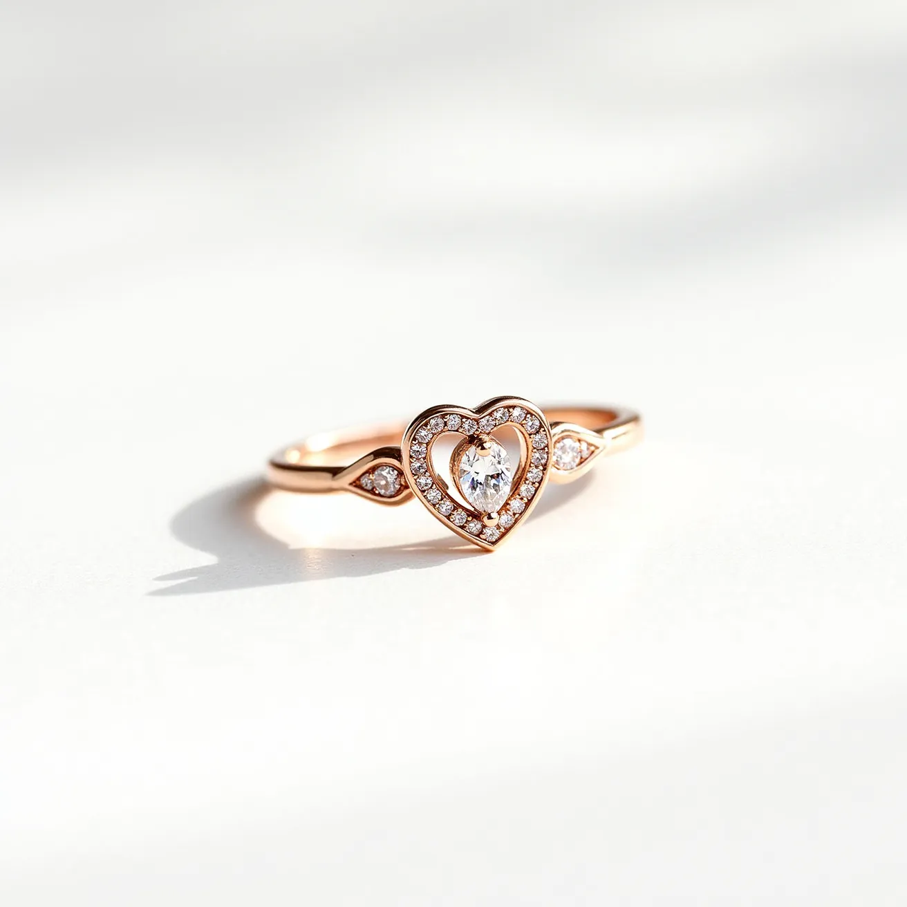 This diamond heart ring features a delicate design with a central heart motif crafted from what appears to be rose gold. The focal point is a central round-cut diamond, elegantly surrounded by smaller pavé-set diamonds that form the heart shape. On either side of the heart, the band is adorned with additional small diamonds, adding to the ring’s sparkle and charm. The band itself is slender, seamlessly integrating with the heart design without any visible clasps or attachments, offering a clean and continuous look. The choice of materials and the intricate setting emphasize a blend of elegance and romantic charm.