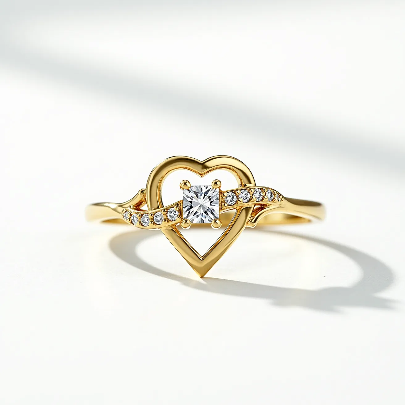 This diamond heart ring features a lustrous gold band that delicately forms an open-heart shape at its center. Nestled within the heart is a square princess-cut diamond, set in a four-prong gold setting that elevates its brilliance. The band is further adorned with a series of small, round-cut diamonds, each securely held in a pavé setting that enhances the ring’s sparkle. The design seamlessly integrates the gemstones and the heart motif, creating an elegant and romantic piece of jewelry.