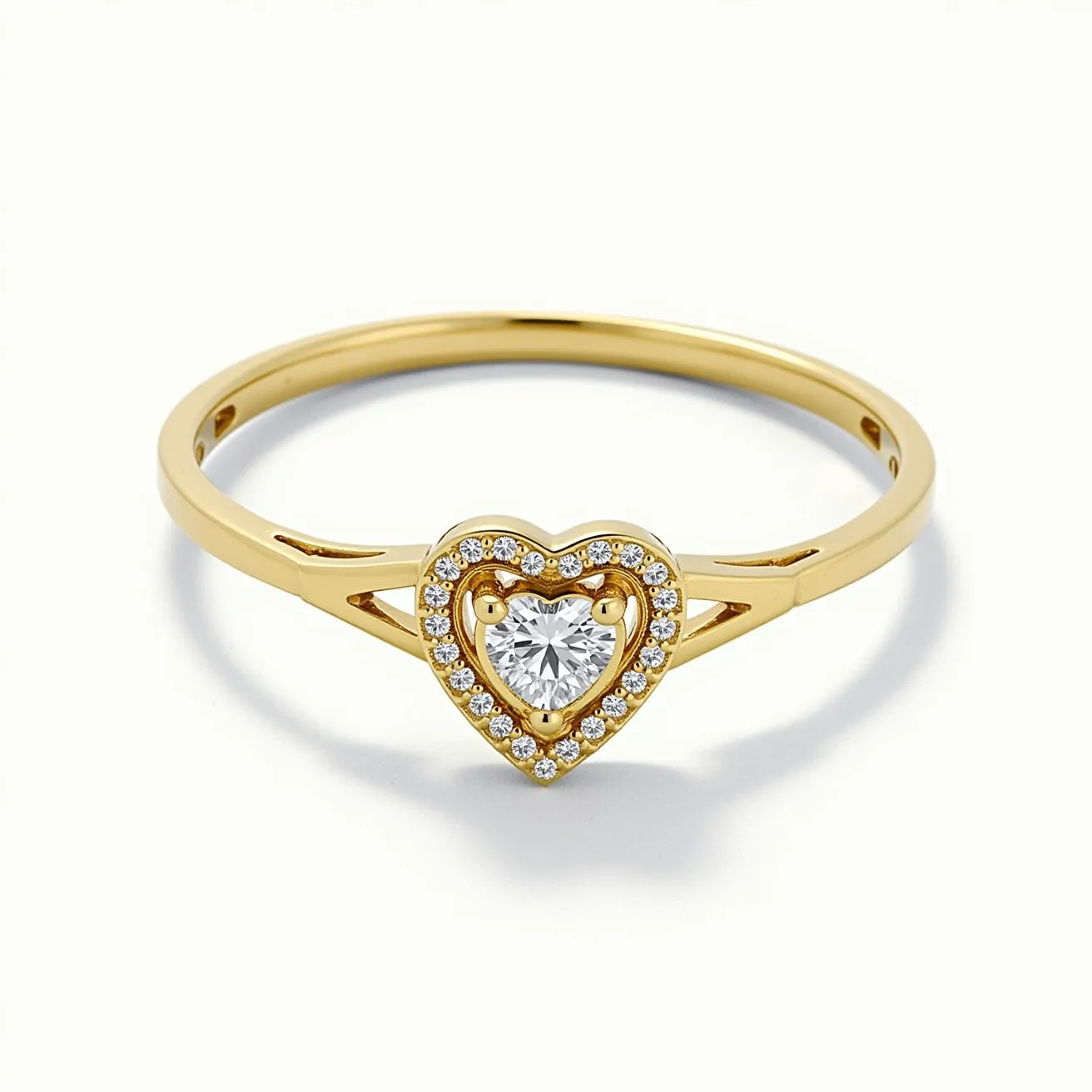 This diamond heart ring features a central round-cut diamond set within a heart-shaped setting, surrounded by smaller accent diamonds that enhance its brilliance. The ring is crafted from a polished yellow gold, giving it a warm, luxurious appearance. The heart-shaped setting is intricately designed, with the diamonds securely held in place by prongs that provide stability and elegance. The band is simple and slender, complementing the opulent heart centerpiece. This design offers a blend of romantic symbolism and refined style, making it an exquisite piece of jewelry.