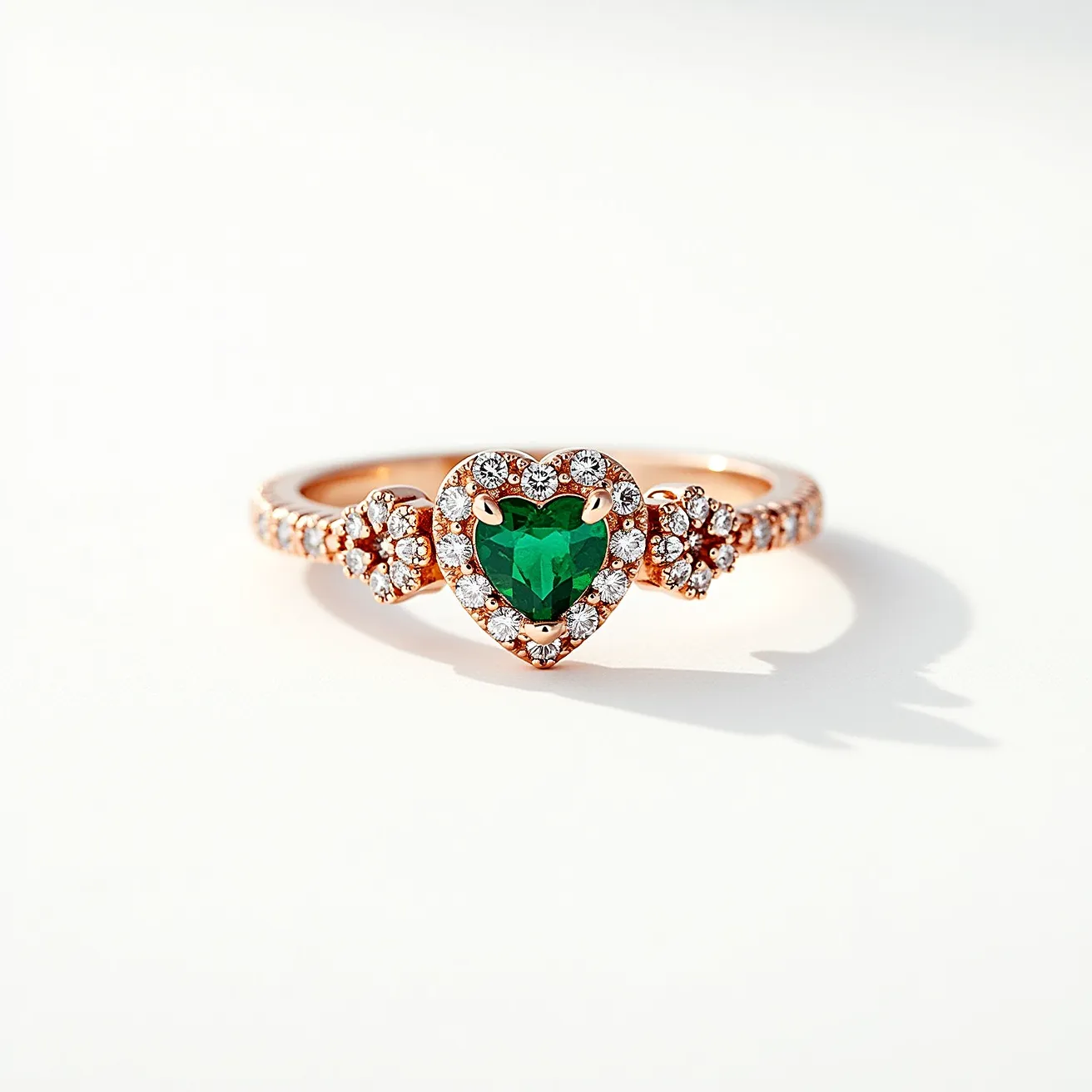 This diamond heart ring features a central, heart-shaped green gemstone, likely an emerald, set in a rose gold band. The gemstone is surrounded by a halo of small, round-cut diamonds, enhancing its vibrant color. On either side of the central heart, the band tapers into a design with additional small diamonds clustered together, creating a symmetrical and elegant appearance. The ring is crafted with a delicate prong setting, securely holding the central gemstone in place. The band itself is adorned with evenly spaced diamonds, adding to the ring's overall sparkle and sophistication.