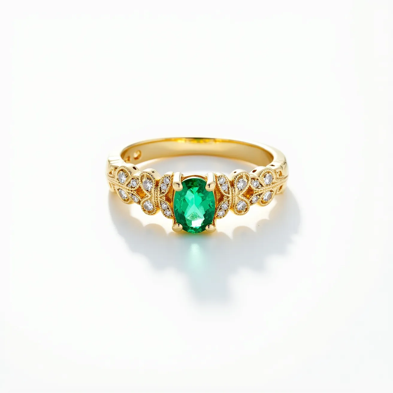 This diamond ring features a luxurious design centered around a prominent oval-cut emerald gemstone, which is securely held in place by a four-prong setting. The band is crafted from gold and is intricately embellished with small, round-cut diamonds, arranged in a decorative pattern that enhances the ring's opulence. These diamonds are bezel-set, adding to the sophisticated and elegant look of the piece. The combination of the emerald's vivid green hue with the sparkling diamonds and the warm tone of the gold creates a striking and harmonious visual appeal. The design and materials showcase a perfect blend of classic elegance and contemporary style.