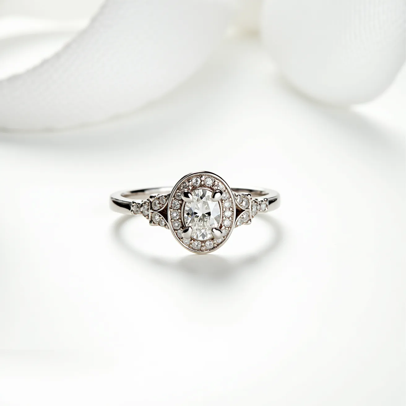 This diamond ring features a central oval-cut diamond, elegantly set in a halo design surrounded by smaller round brilliant diamonds. The band appears to be crafted from a polished white metal, likely platinum or white gold, enhancing the brilliance of the diamonds. The halo setting not only accentuates the central stone but also adds an extra layer of sparkle. The band narrows near the setting, and additional small diamonds are set on either side of the center stone, which enhances the ring's overall elegance and complexity. The design suggests a classic and sophisticated style, suitable for formal occasions.