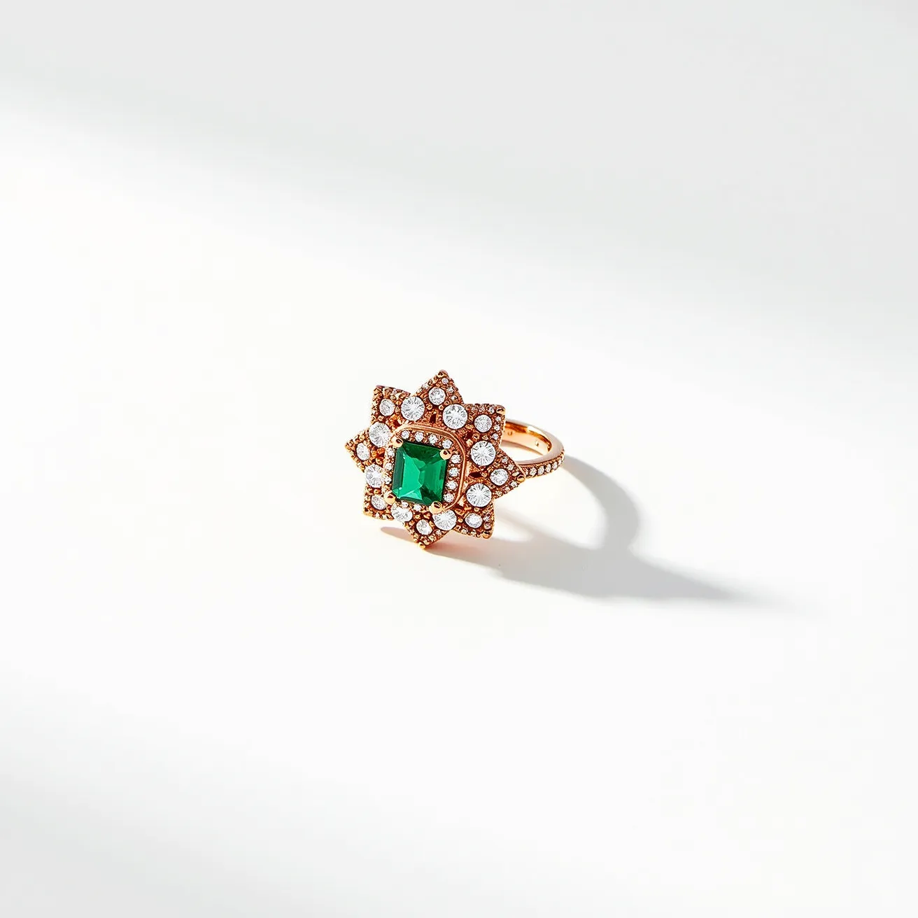 This diamond ring features a striking design with a central, emerald-cut green gemstone, likely an emerald, set in a rose gold band. Surrounding the central stone is an intricate design of smaller round white diamonds, creating a floral motif that adds to its elegance. The diamonds are set in a pavé setting, allowing them to closely surround the center stone and enhancing the ring's overall sparkle. The band is smooth and complements the ornate design of the setting, showcasing the craftsmanship and attention to detail in its creation.