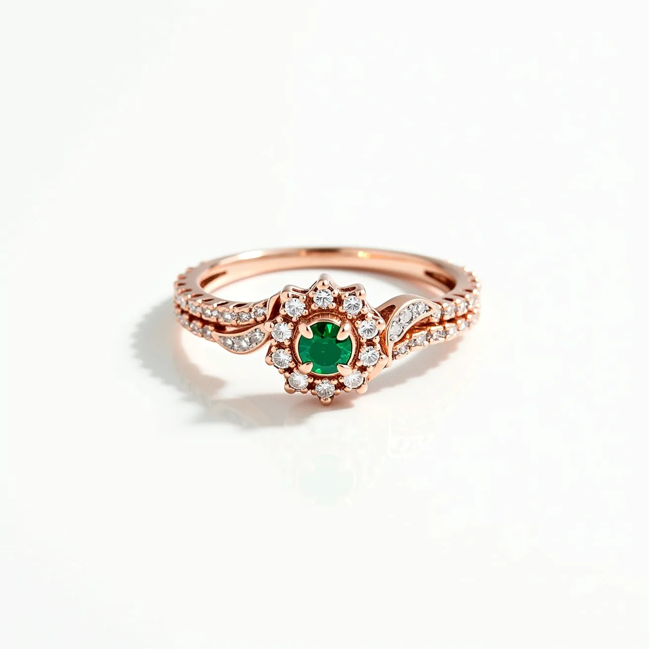 This diamond ring features a central round green gemstone, possibly an emerald, surrounded by a cluster of smaller round diamonds arranged in a floral pattern. The setting is made of rose gold, adding a warm tone to the ring’s overall appearance. The band is intricately designed, with additional small diamonds embedded along both sides, enhancing its elegance with a pave setting. The ring’s setting and style suggest a harmonious blend of classic and contemporary design elements, offering a striking visual contrast between the central stone and its diamond halo.