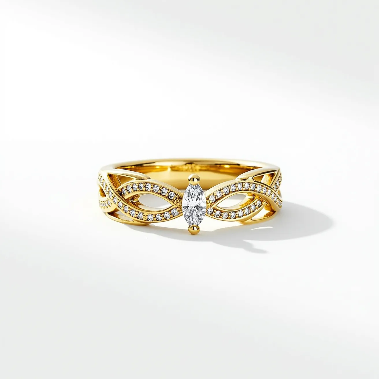 This diamond wedding band features a delicate and intricate design crafted from yellow gold, highlighted with a central marquise-cut diamond as its focal point, securely set in a bezel setting. The band is adorned with a series of smaller round brilliant-cut diamonds, pavé-set to accentuate its elegant and intertwining looped design. The combination of the marquise and round brilliant diamonds creates a harmonious sparkle, adding to the luxurious appeal of the band. The absence of a clasp indicates that it is designed as a traditional continuous band, symbolizing eternity and commitment.