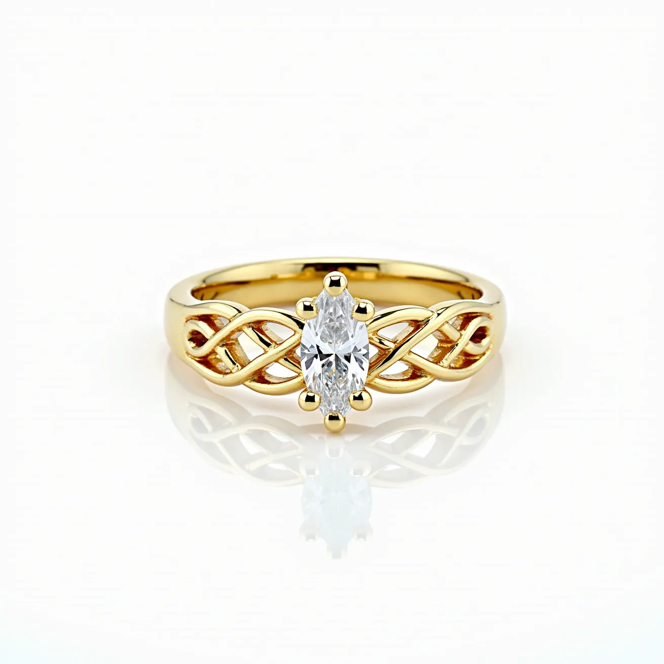 This diamond wedding band features a lustrous gold band intricately designed with a Celtic knot pattern. At the center, it showcases a stunning marquise-cut diamond secured in a prong setting, allowing maximum light to enhance its brilliance. The combination of the gold's warm hue and the diamond's dazzling clarity creates a timeless and elegant aesthetic. There is no visible clasp or attachment, as the band forms a continuous circle, emphasizing its traditional and symbolic design.