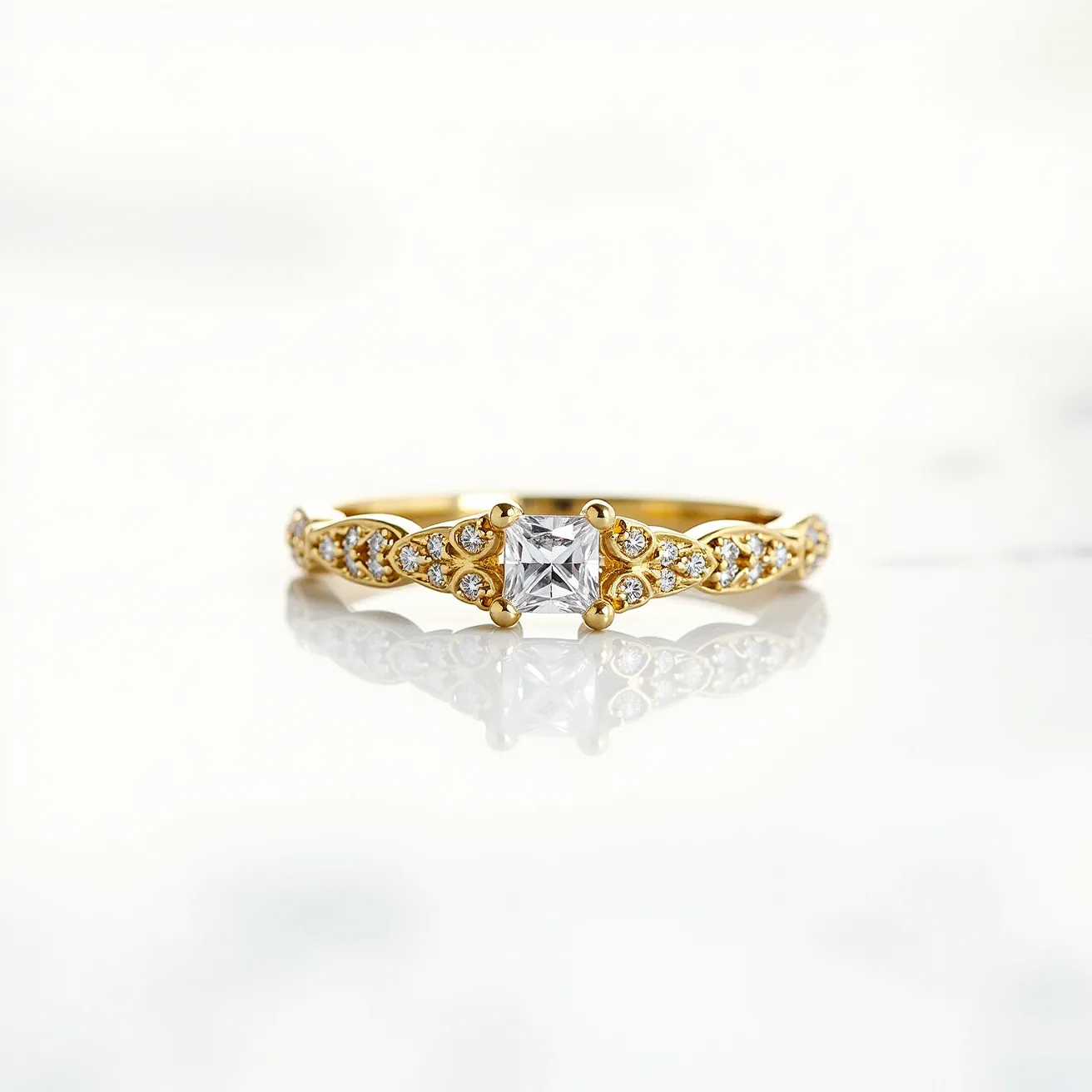 This diamond wedding band features a central square-cut diamond set in a yellow gold band, adorned with additional smaller, round diamonds intricately placed along the curved edges of the band for an exquisite design. The central stone is held securely by a four-prong setting that accentuates its brilliance. The yellow gold material adds warmth and elegance, contrasting beautifully with the sparkle of the diamonds.