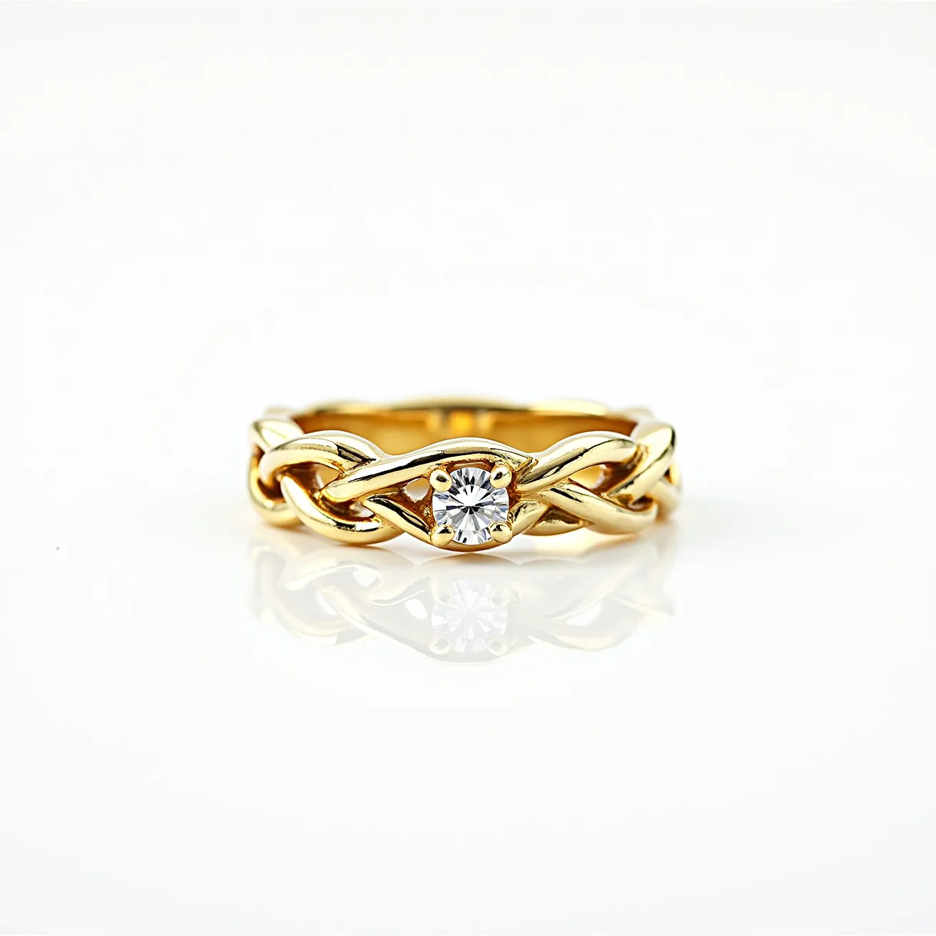 This diamond wedding band features a beautifully crafted gold band with an intricate braided design. At the center of the band is a single round-cut diamond, set in a prong setting that accentuates its brilliance and sparkle. The gold material of the band provides a classic and elegant look, complementing the diamond's clarity and shimmer. There are no visible clasps or attachments, emphasizing the seamless design of the band.