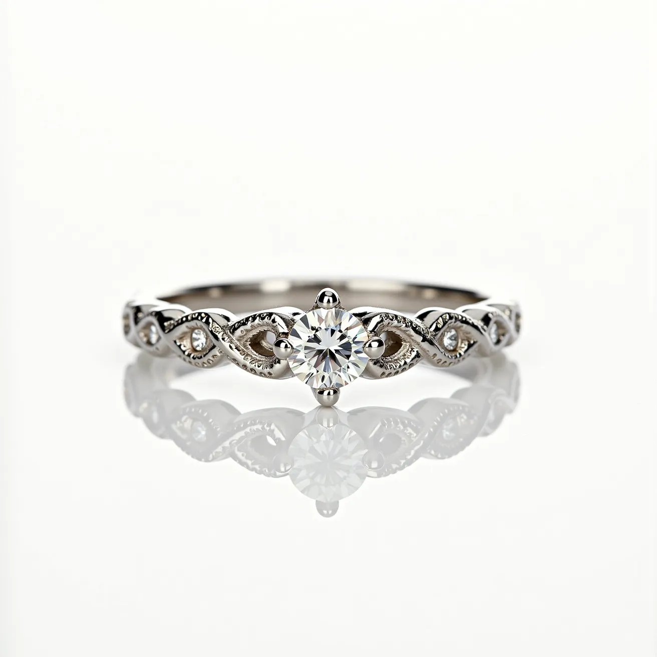 This diamond wedding band is crafted from a lustrous metal, likely white gold or platinum, that features an intricate, interwoven design along the band. The centerpiece is a round-cut diamond, securely set in a four-prong setting, which enhances the stone's brilliance and sparkle. Additional smaller diamonds are embedded within the swirling pattern of the band, providing a continuous shimmer. The band’s design is both elegant and vintage-inspired, with milgrain detailing along the edges that adds texture and depth to the piece.