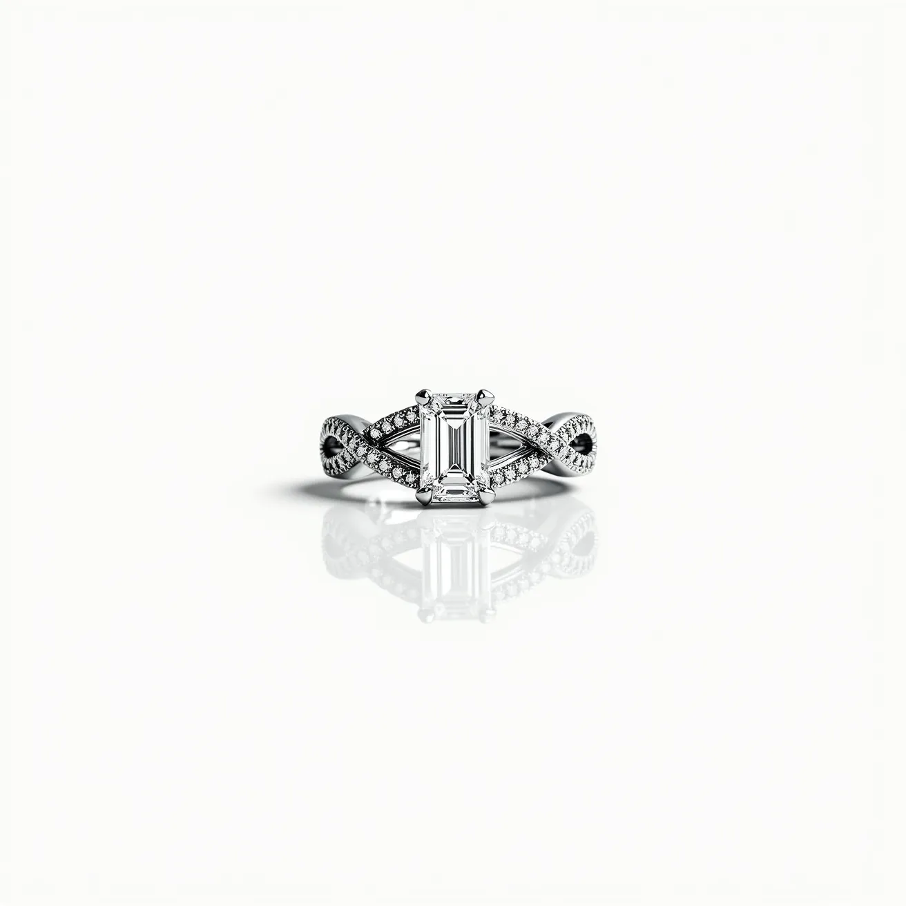 This diamond wedding band features a central emerald-cut diamond set in a prominent four-prong setting, showcasing its elegant and elongated facets. The band is crafted from a lustrous metal, likely white gold or platinum, which complements the brilliance of the gemstones. Adding to its allure, the band includes an intricate design of pavé-set round diamonds that form a twisting infinity motif, enhancing the overall sparkle and luxury of the piece. The combination of the emerald-cut center stone and the delicate pavé settin creates a sophisticated balance of classic and modern styles.