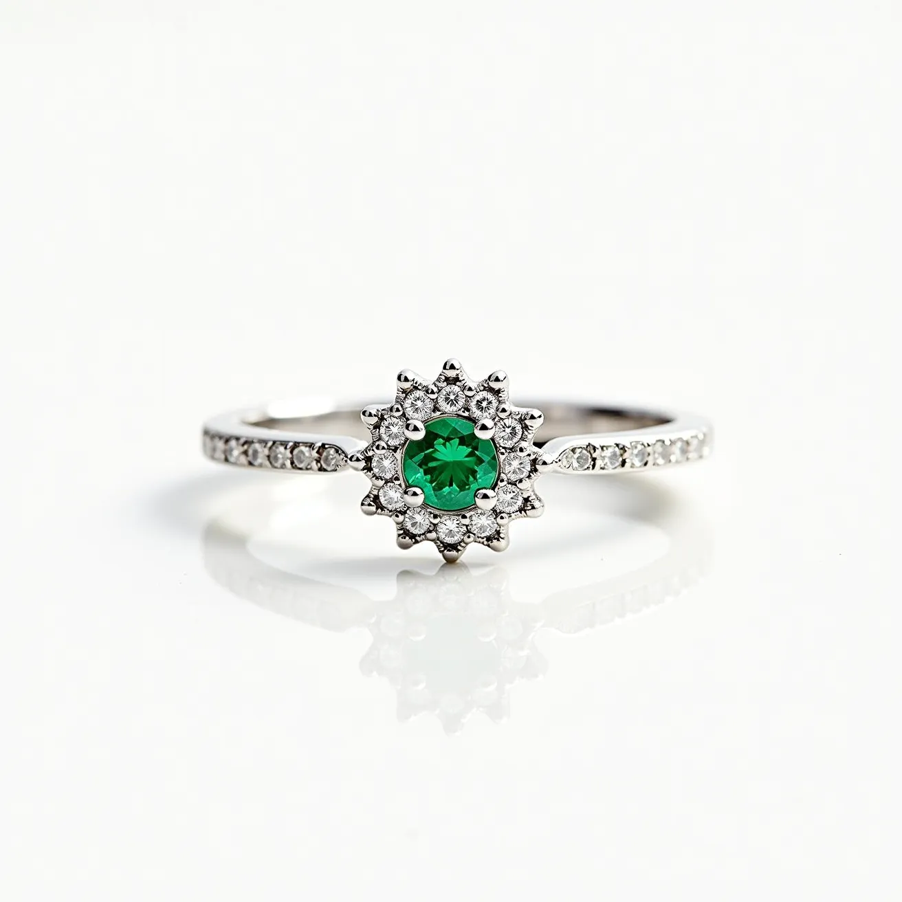 This emerald birthstone ring features a central, round-cut emerald set in a halo design, accentuated by a series of small, round-cut diamonds that encircle it. The diamonds extend partially down the band, adding extra sparkle and elegance. The band appears to be made of a polished metal, likely white gold or platinum, providing a sleek and modern backdrop for the vibrant stones. The setting offers both security and prominence to the emerald, emphasizing its significance as the focal point of the piece. Overall, the ring combines the timeless allure of precious stones with refined craftsmanship.