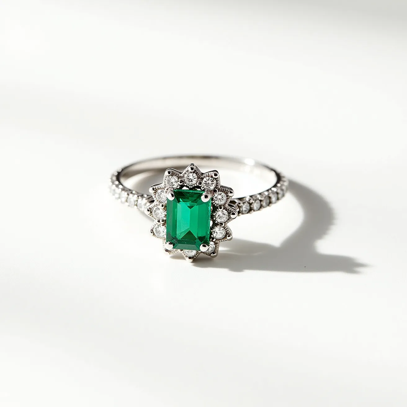 This emerald birthstone ring features a striking central emerald-cut green stone, elegantly set in a halo of round, brilliant-cut diamonds. The stones are set in a lustrous metal band, possibly platinum or white gold, which enhances the overall brilliance of the design. The band itself is adorned with additional smaller diamonds, providing extra sparkle and complementing the central emerald. The ring’s prong setting securely holds the gems in place, ensuring both durability and style. Overall, the ring beautifully highlights the rich green hue of the emerald, symbolizing luxury and elegance.