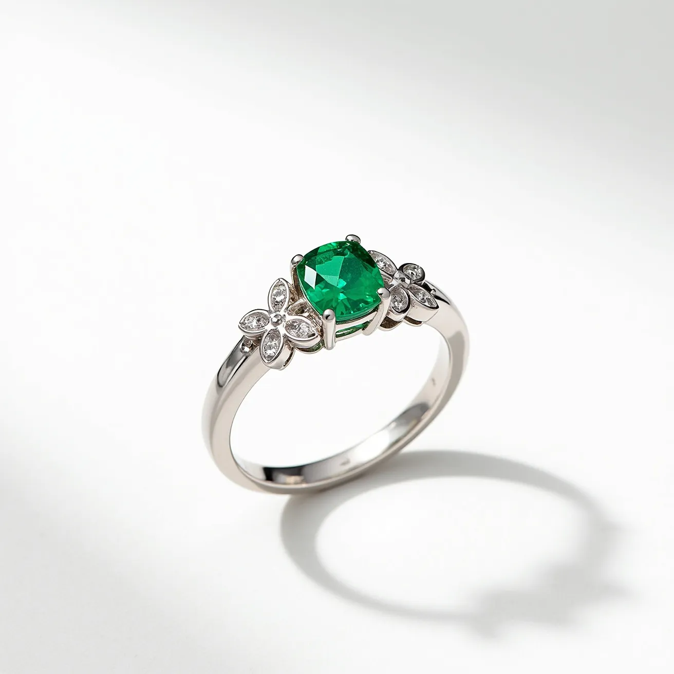 This emerald birthstone ring features a central, round-cut emerald stone set in a prong setting, which elegantly showcases its vibrant green hue. On either side of the emerald, there are floral motifs embellished with small diamonds, adding a touch of sparkle and enhancing the overall design. The band appears to be crafted from a polished metal, likely white gold or platinum, providing a sleek and sophisticated backdrop for the gemstones. The combination of the emerald's brilliance and the delicate diamond accents creates a harmonious and luxurious piece of jewelry.