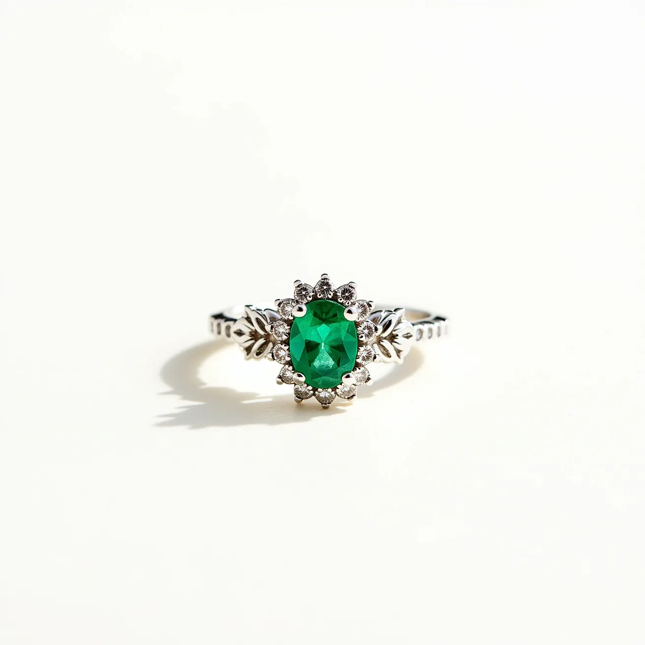 This emerald birthstone ring features an oval-shaped emerald at its center, which is elegantly encircled by a halo of smaller round-cut white stones set in a decorative floral pattern. The band appears to be crafted from a silver-toned metal, showcasing intricate detailing as it extends towards the setting. The ring's design emphasizes both the vibrant green of the emerald and the sparkling halo, creating a striking and sophisticated look.