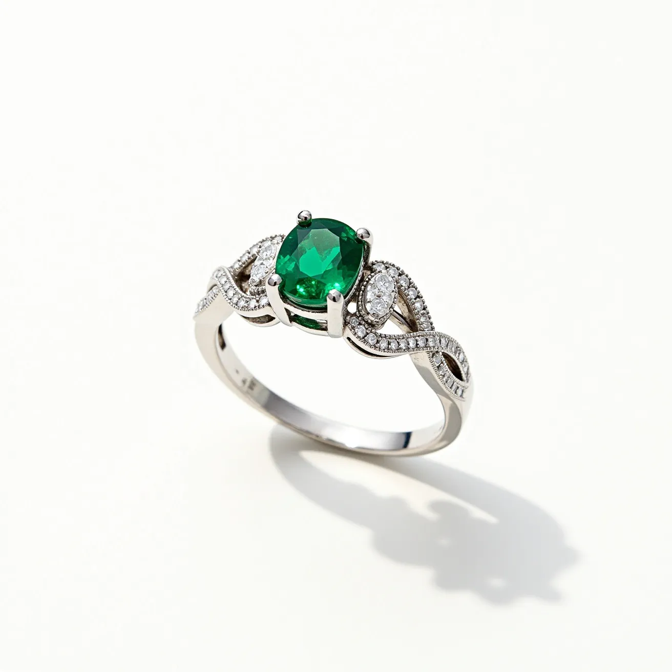 This emerald birthstone ring features a central oval-cut emerald, elegantly secured in a classic prong setting. The vibrant green gemstone is complemented by a series of smaller round-cut diamonds, which are embedded in a twisted infinity design on either side, adding a touch of sophistication and sparkle. The band of the ring is crafted from a bright, polished metal, likely white gold or platinum, enhancing the brilliance of the gemstones. The overall style and materials convey a sense of timeless elegance, making it a perfect accessory for those who celebrate their birth month with emeralds.