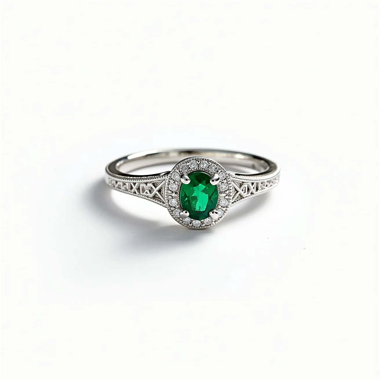 This emerald birthstone ring features a captivating oval-cut emerald at its center, elegantly set in a four-prong setting. Surrounding the emerald is a halo of small, brilliant-cut diamonds, adding a touch of sparkle and sophistication. The band is constructed from a polished white metal, likely white gold or platinum, which complements the bright green hue of the emerald. The band is adorned with intricate geometric engravings, providing a delicate, vintage-inspired look to the piece. This ring is a beautiful combination of classic elegance with its thoughtful design and high-quality materials.