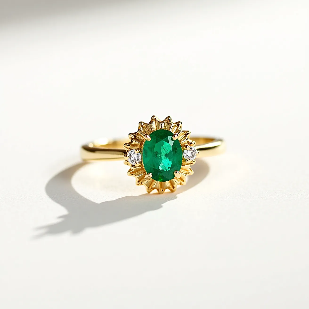 This emerald birthstone ring features a vibrant, oval-cut emerald as its centerpiece, surrounded by a gold halo setting that adds an elegant flair to the design. Flanking the central stone are two small, round-cut clear gemstones, likely diamonds, providing a striking contrast and enhancing the ring's overall brilliance. The band appears to be crafted from polished gold, lending a timeless and luxurious appeal. The ring's composition and arrangement emphasize the richness of the emerald, making it a standout piece.