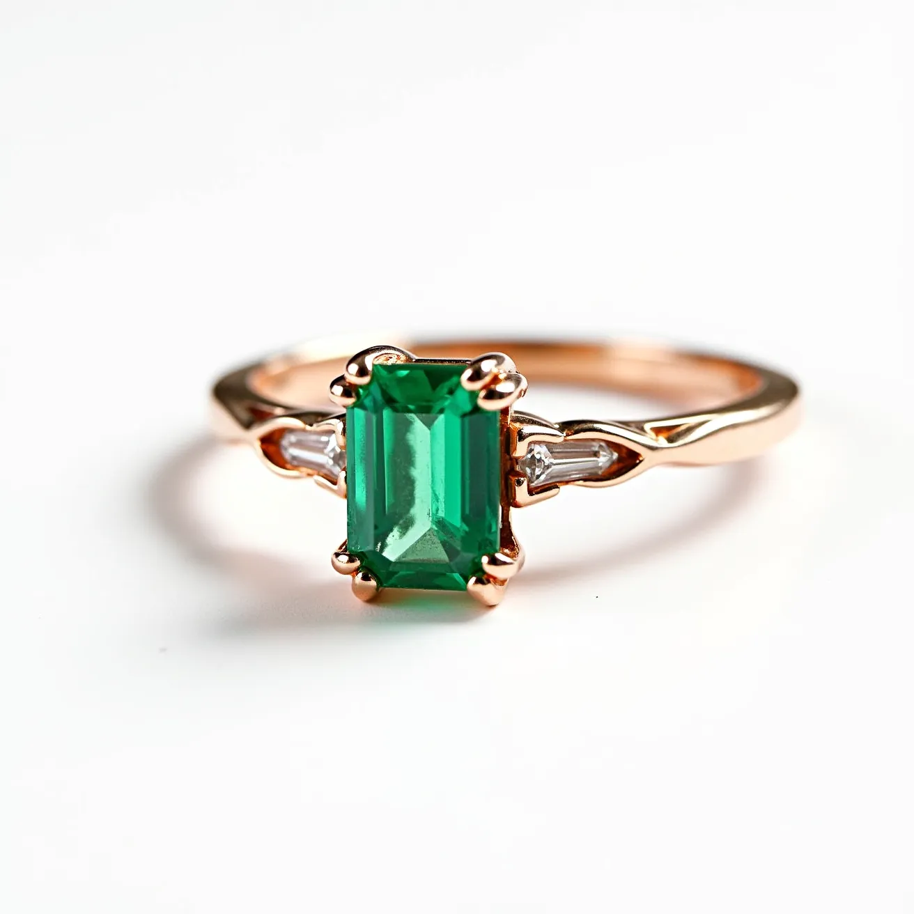 This emerald engagement ring features a striking emerald-cut green emerald as the centerpiece, held securely by a sophisticated rose gold prong setting that complements the gem's vibrant hue. Flanking the central stone, two baguette-cut clear gems are elegantly set, enhancing the ring's overall elegance. The band is made from polished rose gold, which provides a warm and luxurious backdrop to the vivid green and clear stones. The combination of geometric lines and the smooth, lustrous finish of the metal adds a modern twist to the classic design.