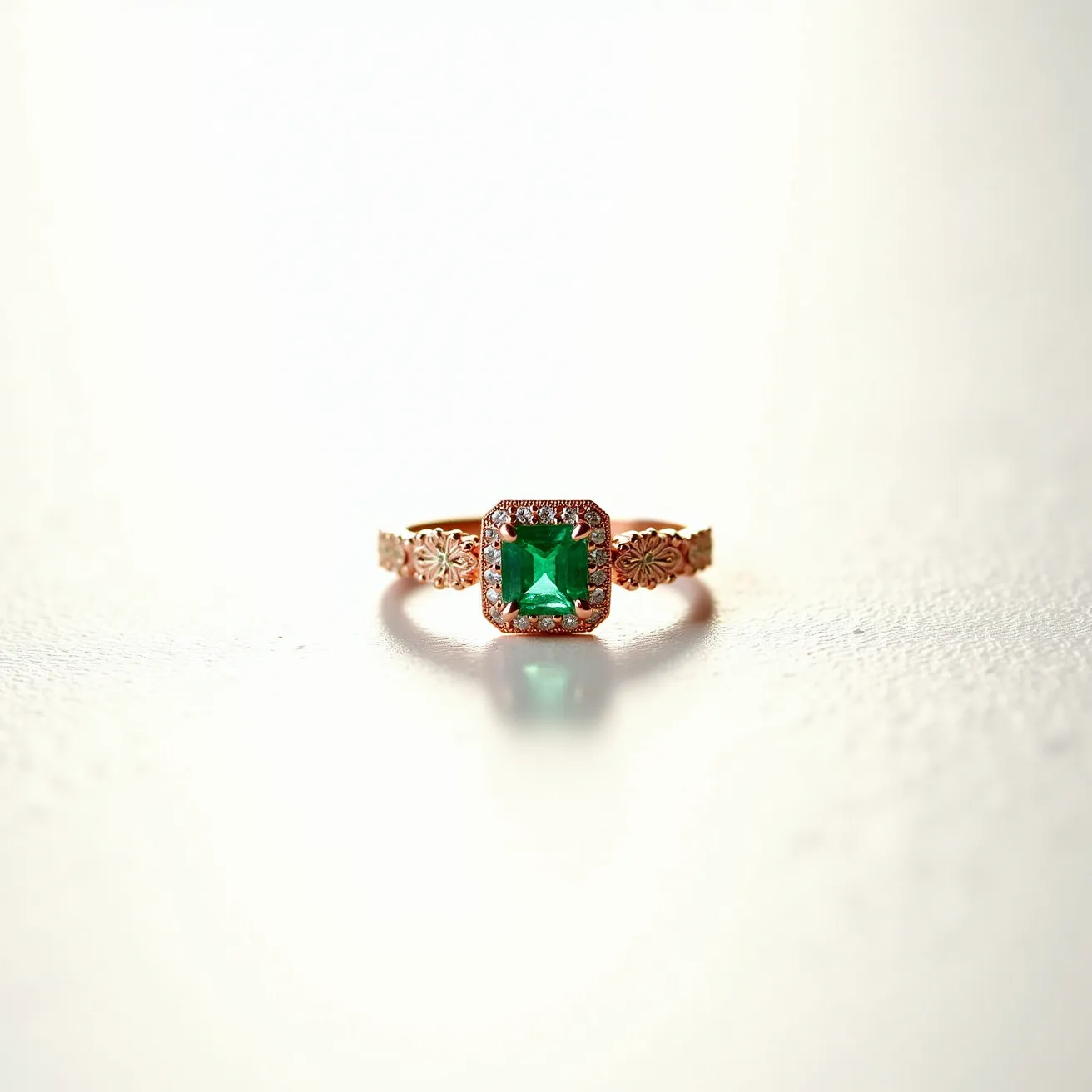 This emerald engagement ring features a vibrant square-cut emerald as its centerpiece, elegantly set within a halo of smaller diamonds that add a touch of brilliance and contrast to the central stone. The band is crafted from a rose gold metal, beautifully embellished with intricate floral engravings that lend a vintage aesthetic to the piece. The claw setting secures the emerald, providing both durability and a classic look. The overall design of the ring combines the vivid green of the emerald with the warm tones of the rose gold, creating a harmonious and timeless appeal.