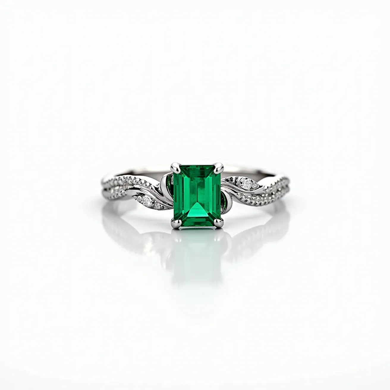 This emerald engagement ring features a captivating emerald-cut emerald at its center, held securely in place by a classic four-prong setting. The band is crafted from a polished metal, likely white gold or platinum, known for its durability and elegant appearance. The band design includes a series of intertwined strands, adorned with small round-cut diamonds that add an extra touch of sparkle and contrast harmoniously with the vivid green of the central emerald. The intricate detailing and craftsmanship make this ring a sophisticated and eye-catching piece of jewelry.