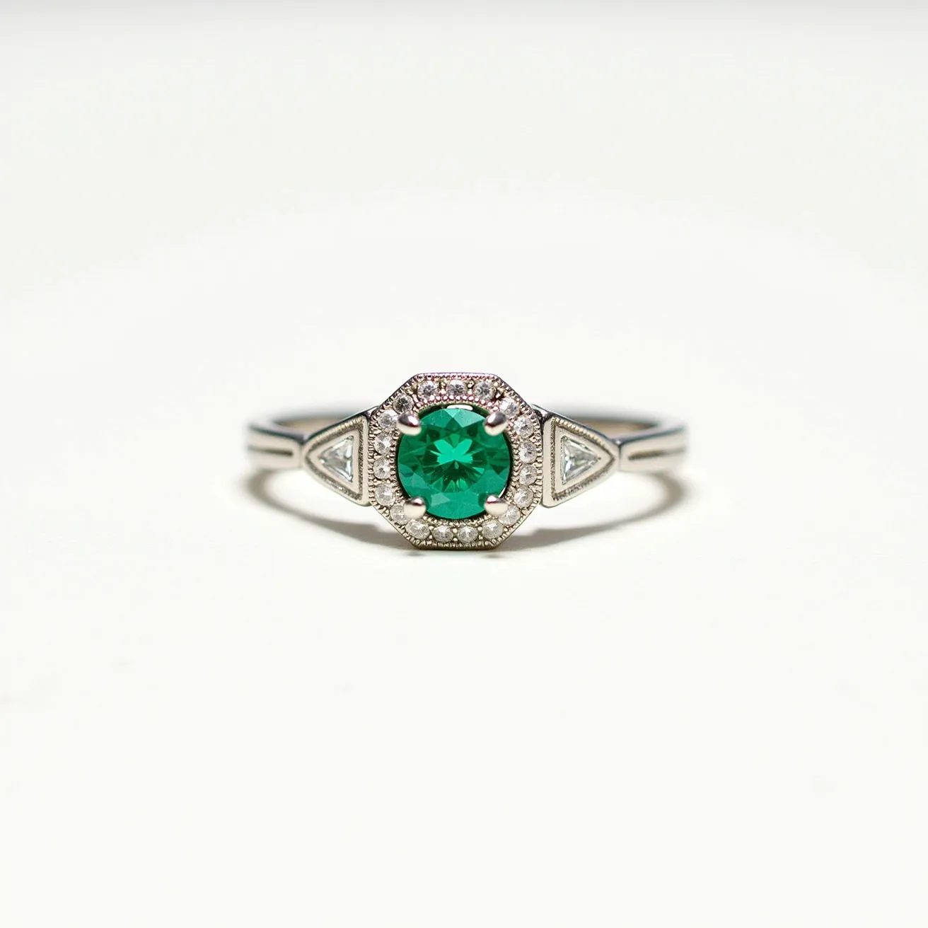 This emerald engagement ring features a vibrant, round-cut emerald set in the center. The emerald is encircled by a halo of small pavé-set diamonds, enhancing its brilliance. Flanking the central stone on both sides are two triangular-cut accent diamonds set in geometric frames, adding a modern touch to the design. The band is crafted from a polished white metal, likely white gold or platinum, providing a sleek and elegant appearance. The overall setting securely holds the gemstones, offering a harmonious blend of classic and contemporary styles.