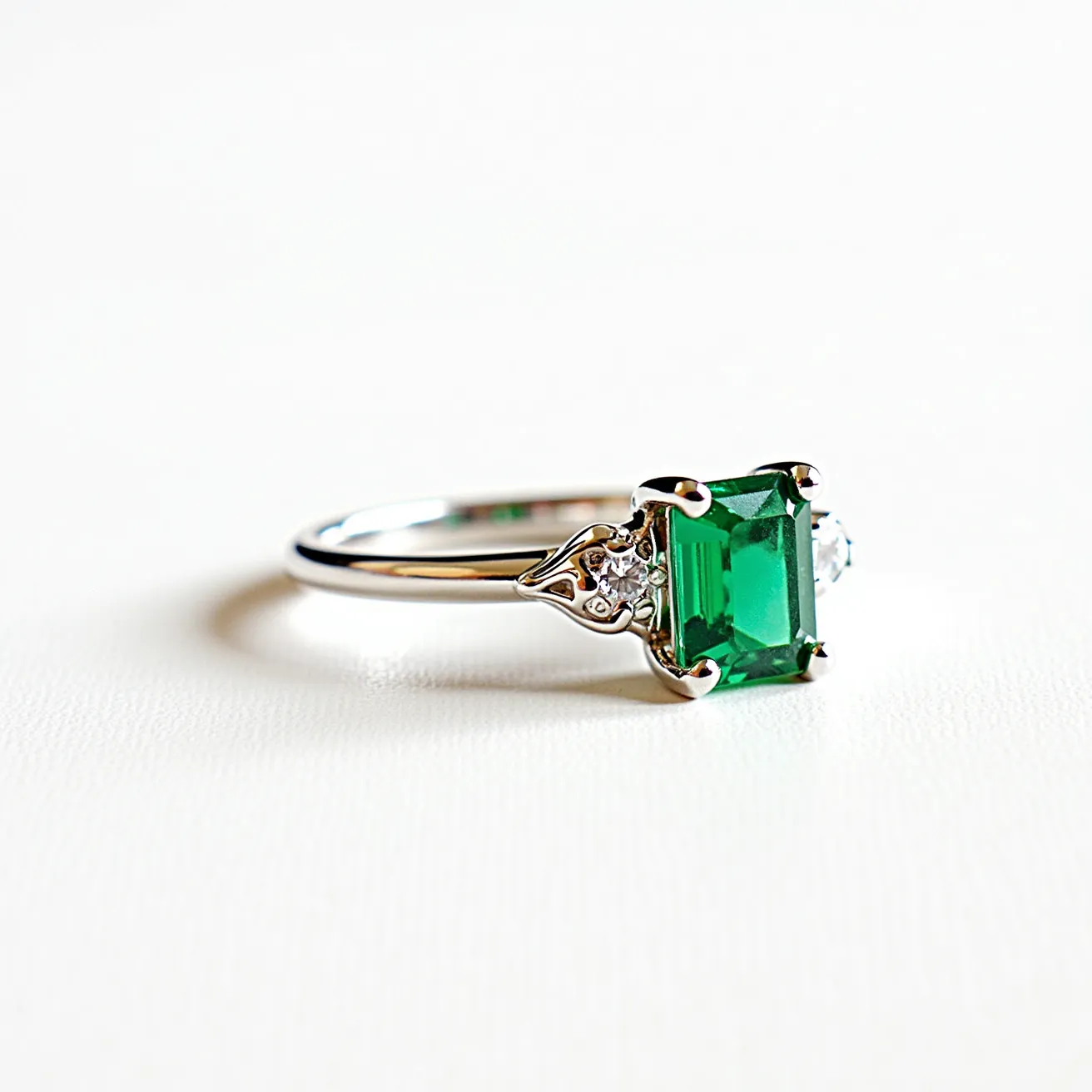 This emerald engagement ring features a striking emerald-cut green gemstone set in a sleek metal band, likely platinum or white gold. The emerald is held securely in a classic four-prong setting, showcasing its vibrant color and clarity. Accompanying the central stone are smaller round-cut diamonds, elegantly integrated into decorative elements on either side, adding a touch of sparkle and elegance. The overall design is both classic and sophisticated, emphasizing the rich green hue of the emerald while maintaining a timeless aesthetic.