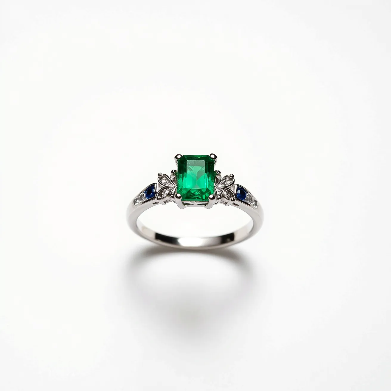 This emerald engagement ring features a striking emerald-cut green emerald as its centerpiece, set in a prong setting that allows the stone to catch and reflect light beautifully. The band appears to be crafted from a polished metal, possibly white gold or platinum, adding to the ring's elegance and durability. Flanking the central emerald are two marquise-cut diamond accents arranged in a floral pattern, enhancing the central stone's vibrant hue. Additionally, small round blue sapphires are set adjacent to the diamonds, creating a subtle yet colorful contrast. The ring displays intricate detailing, beautifully marrying various gemstones and cuts for a sophisticated and timeless look.