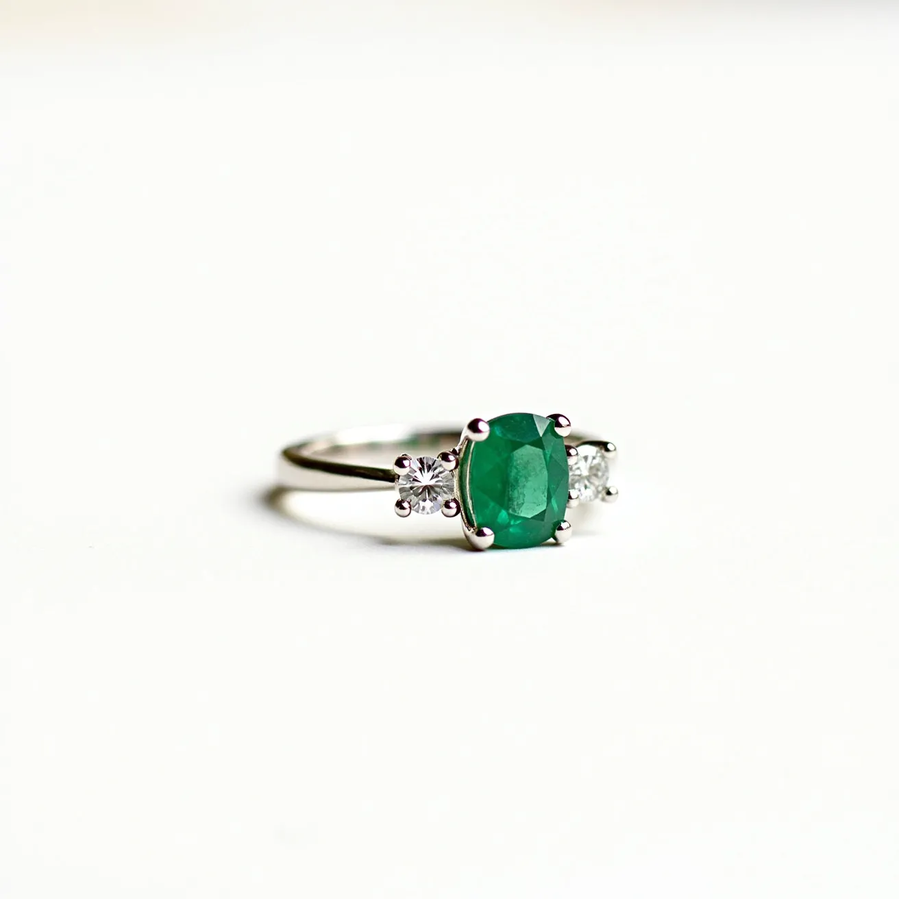 This emerald engagement ring showcases a stunning oval-cut emerald at its center, set in a sleek metal band that appears to be made of platinum or white gold. Flanking the central emerald are two round brilliant-cut diamonds, adding a touch of elegance and brilliance. The gemstones are held securely in place by prongs, which not only enhance the sparkle of the stones but also add a delicate charm to the overall design. The combination of the vibrant green emerald with the classic brilliance of the diamonds creates a timeless and sophisticated piece.