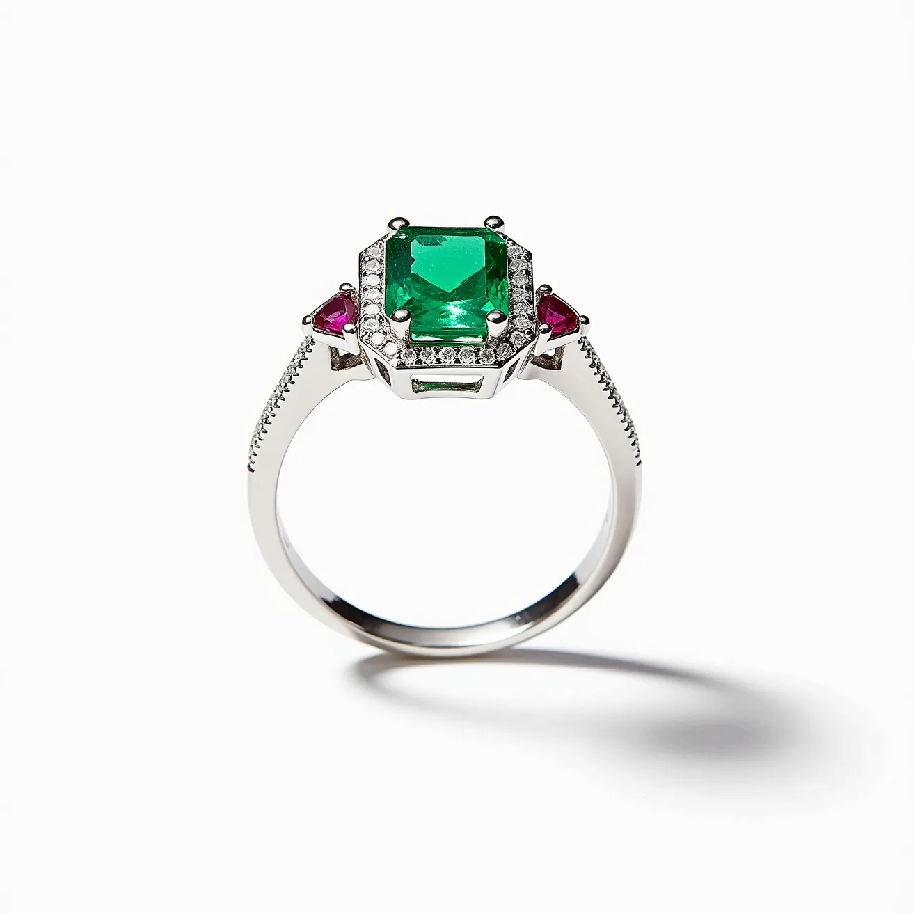 This emerald engagement ring features a vibrant emerald-cut green emerald as the central gemstone, securely held in a prong setting. Flanking the center emerald are two triangular-cut pink sapphires, adding a striking contrast to the design. Surrounding the central emerald is a halo of small, sparkling diamonds, enhancing the overall brilliance of the piece. The band is made of polished white metal, likely platinum or white gold, adorned with additional small diamonds on the shank, which taper elegantly towards the main setting. The composition of materials and stones gives this ring a luxurious and elegant appearance.