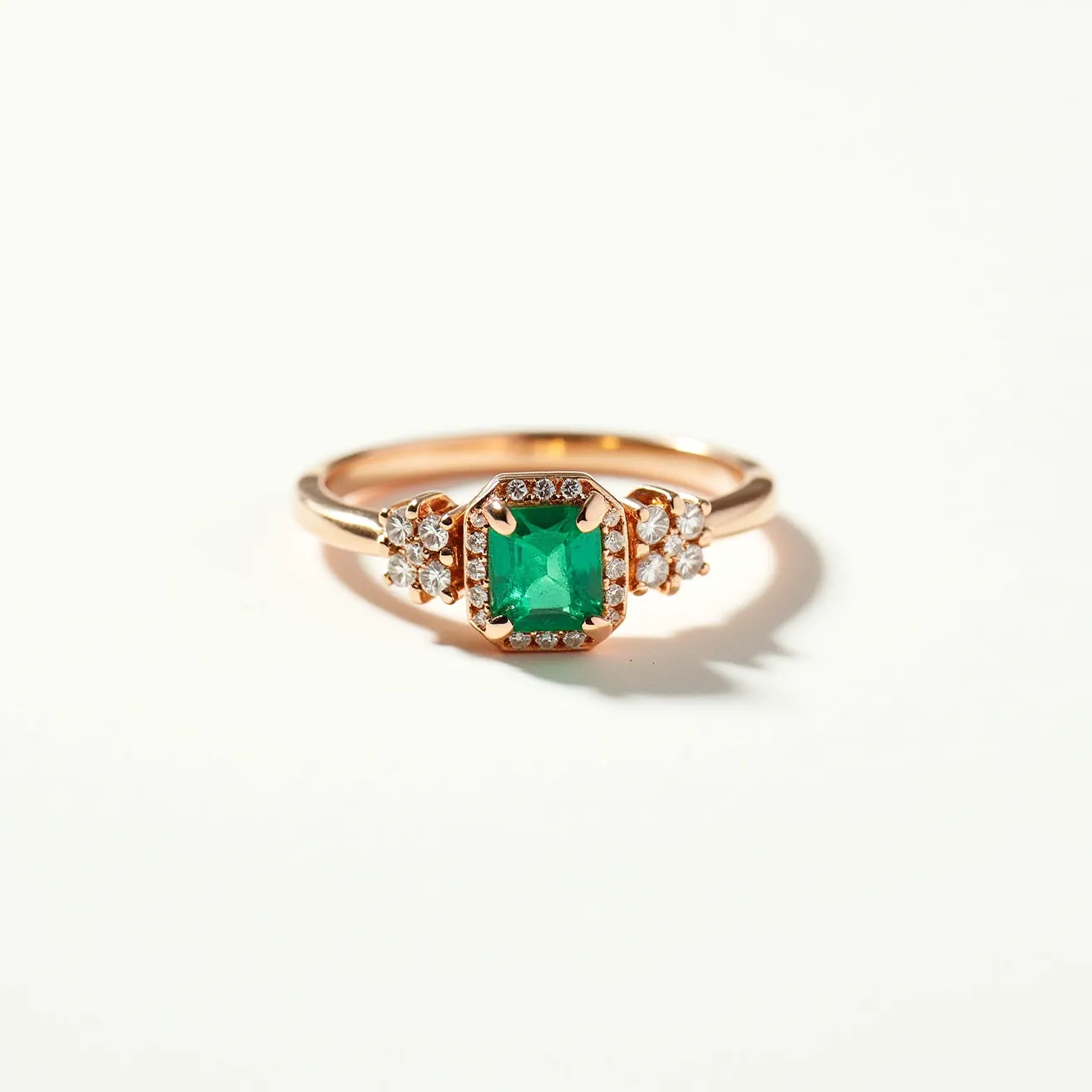 This emerald engagement ring features a captivating emerald-cut central stone set in a warm gold band. The vibrant green emerald is accentuated by a halo of small, round diamonds, enhancing its brilliance. Flanking the central stone, clusters of additional round diamonds create a floral-like arrangement, adding elegance and sophistication. The band, likely crafted from rose gold, complements the rich hues of the gemstones, offering a classic yet contemporary aesthetic. The setting secures the stones with a prong configuration, ensuring both security and style in its sleek design.