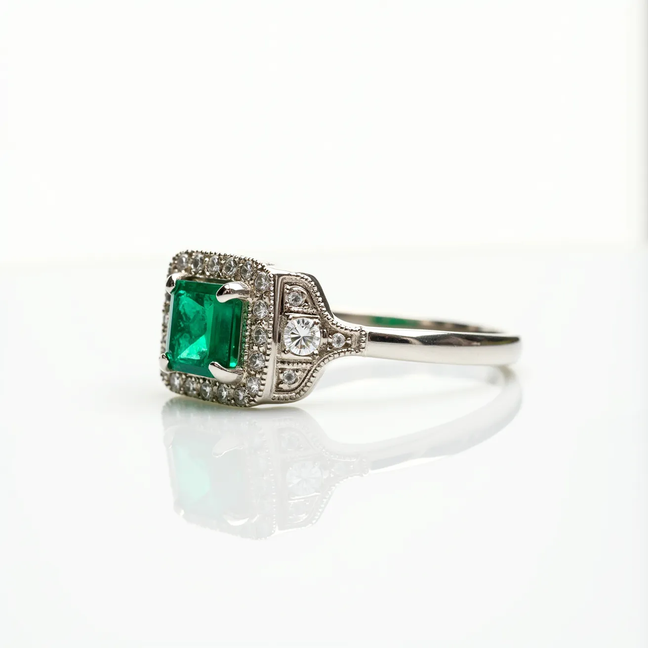 This emerald engagement ring features a striking emerald-cut emerald as its centerpiece, framed elegantly by a halo of small, sparkling diamonds. The emerald is securely set in a prong setting, which allows maximum light to enhance its vivid green hue. The halo of diamonds adds brilliance and contrast, further accentuated by milgrain detailing along the edges for a vintage touch. The band is crafted from a lustrous metal, likely platinum or white gold, providing a sleek and sophisticated backdrop for the gemstones. Overall, this ring combines classic elegance with a touch of antique charm.