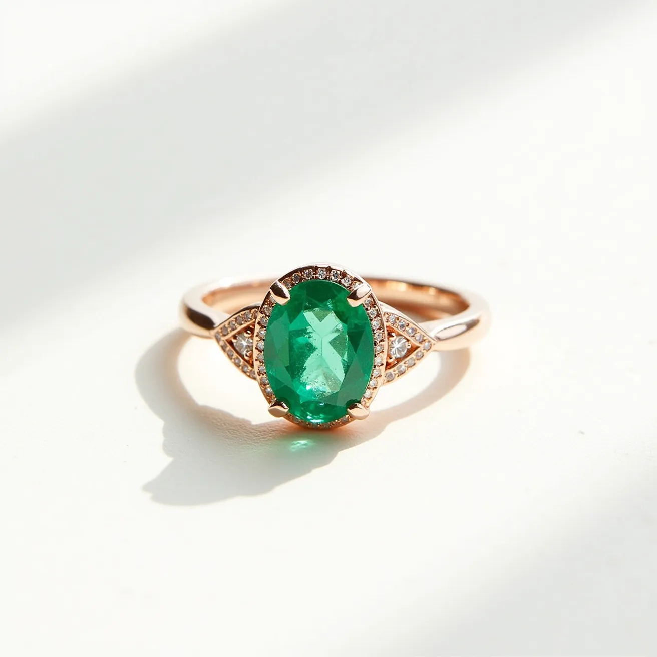 This emerald engagement ring features a stunning oval-cut emerald set in a rose gold band. The emerald is held securely by prongs, allowing it to catch the light beautifully. Surrounding the emerald are small, round-cut diamonds that enhance its vibrant green hue. The elegant setting includes a few triangular accent designs, providing a harmonious blend of sparkle and sophistication. These complementary diamonds are delicately embedded within the setting, highlighting the emerald's central prominence. The band itself is smoothly finished, adding a touch of classic elegance to this exquisite piece of jewelry.