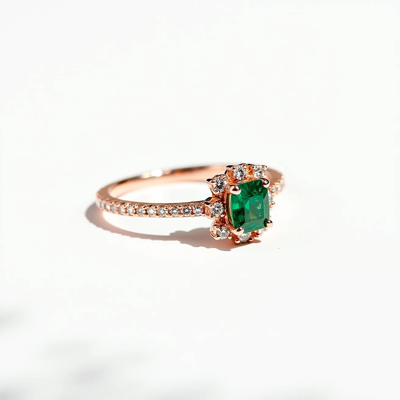 This emerald engagement ring features a vibrant green square-cut emerald as its centerpiece, set in a prong setting that highlights its brilliance. The surrounding halo of the ring is adorned with sparkling round-cut diamonds, enhancing the central stone's allure and creating an elegant contrast. The band of the ring is crafted in a luxurious rose gold, further embellished with small diamonds that extend halfway down the shank, adding a continuous sparkle. This choice of materials and design elements combines to deliver a classic yet modern aesthetic, ideal for a timeless statement piece.